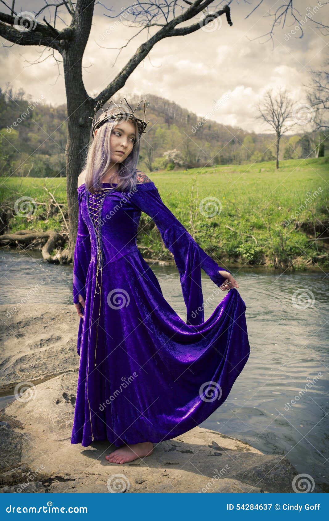 https://thumbs.dreamstime.com/z/young-woman-standing-river-purple-gown-wearing-velvet-gold-laces-crown-made-twigs-rock-54284637.jpg