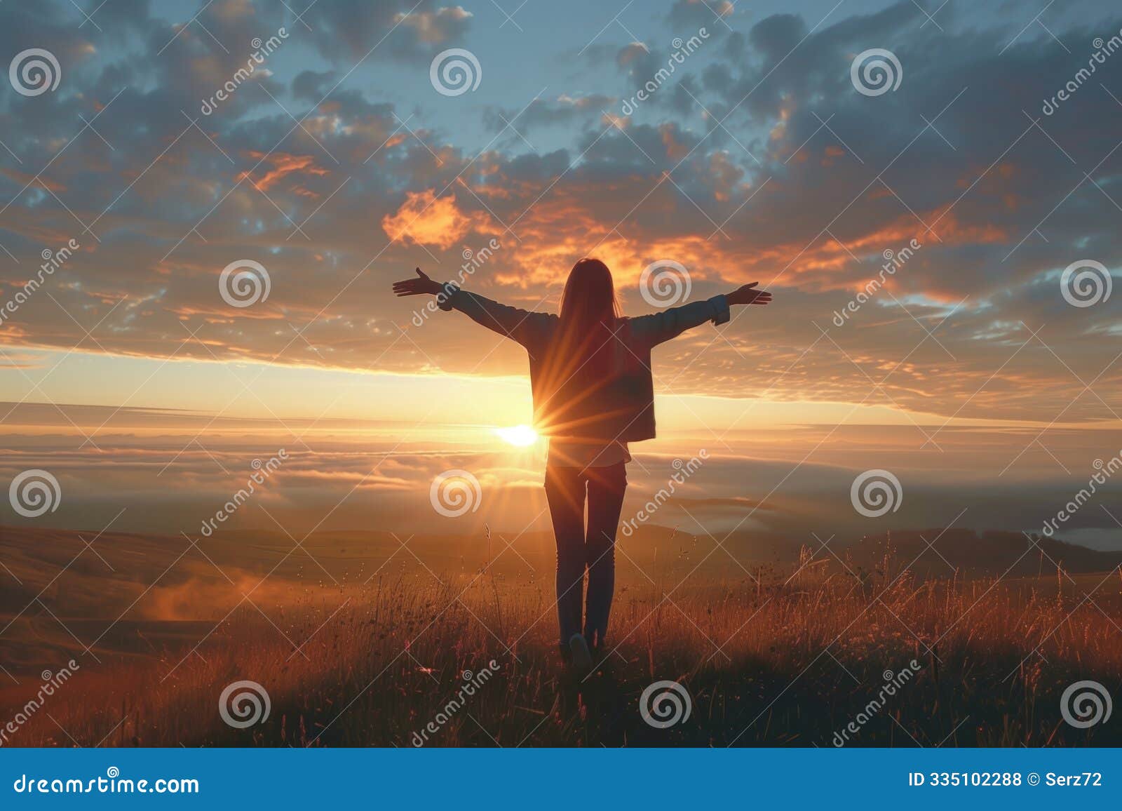 a young woman stands on a hilltop with her arms outstretched towards the sunrise, embracing the optimism and hope of a