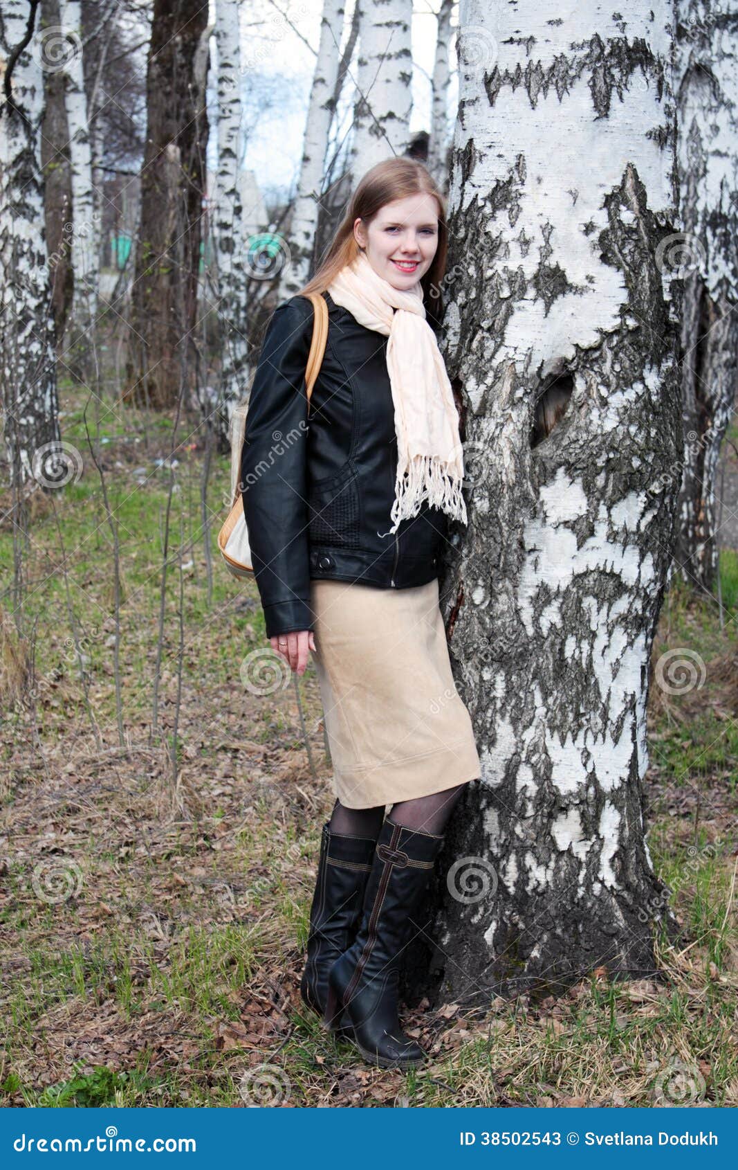 Young Woman Stands in Woods Next To Birch Tree Stock Image - Image of ...