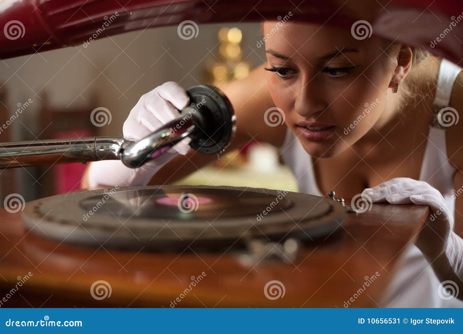 Young Woman Start Playing Music on Gramophone Stock Image Image of