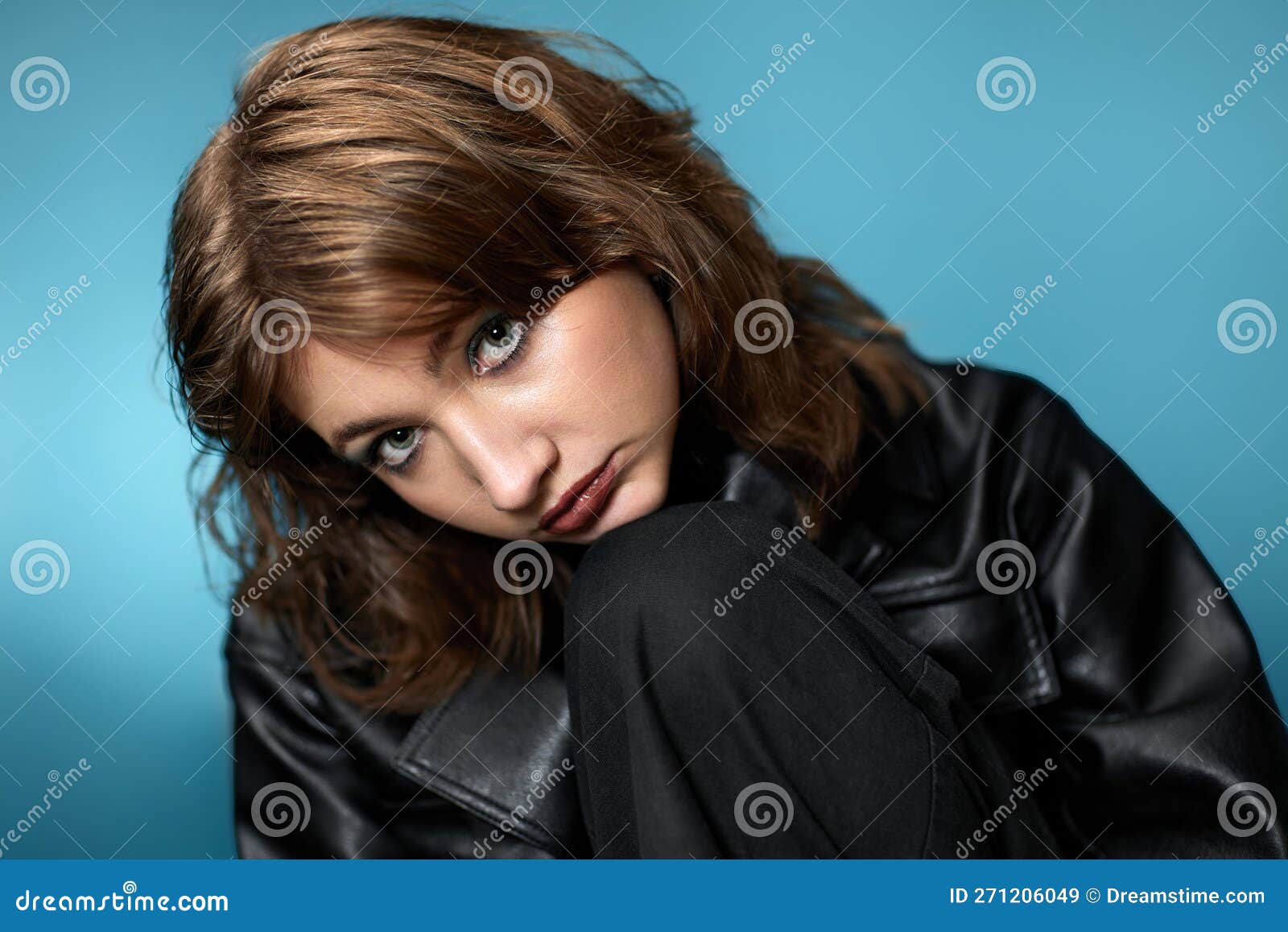 Young Woman with Stylish Hairstyle Posing in Black Leather Jacket Stock ...