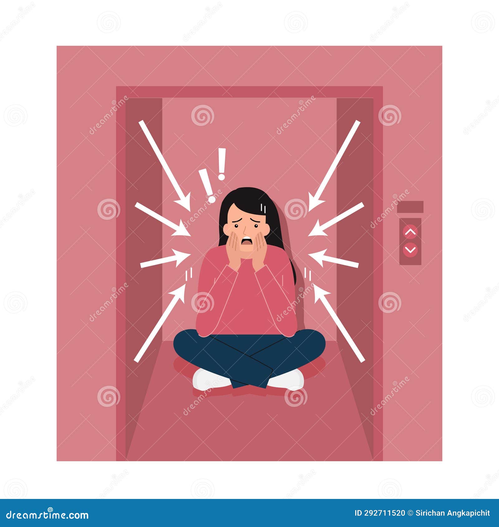 Young Woman Sufering of Claustrophobia Attack in Elevator. Stock