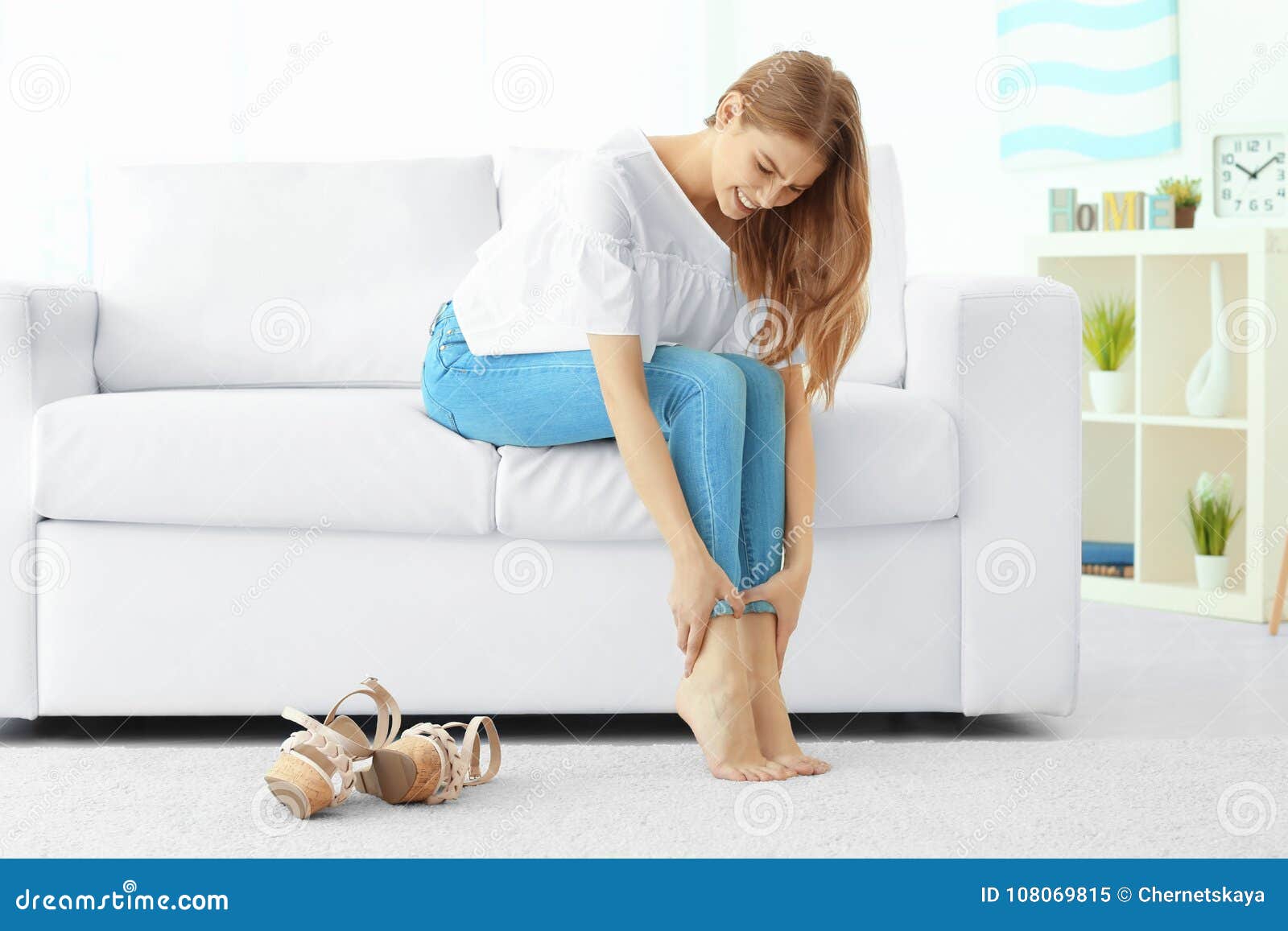 Young Woman  sorrowful From Leg  sore spot  accretion Image - Image of  