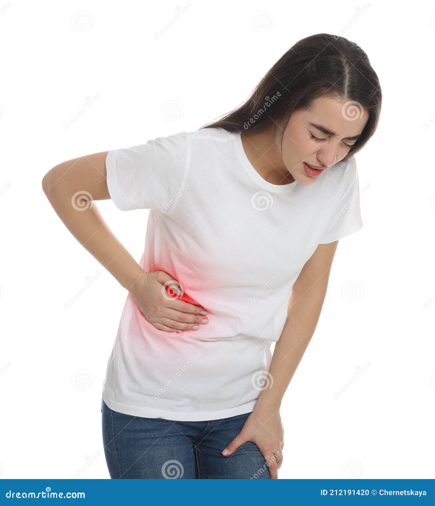 Young woman suffering from flank pain on white background Stock Photo