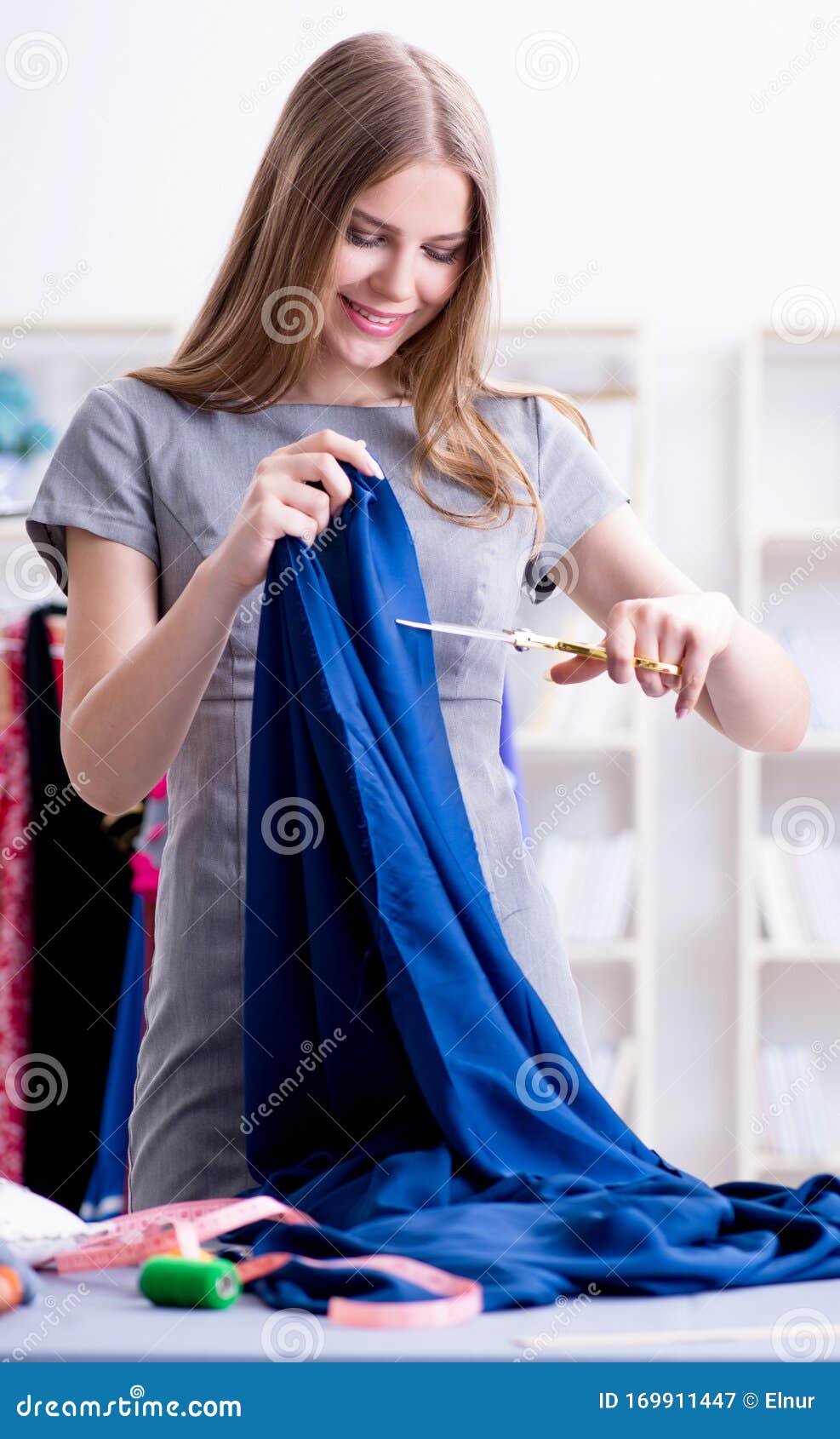 Young Woman Tailor Working in Workshop on New Dress Stock Image - Image ...