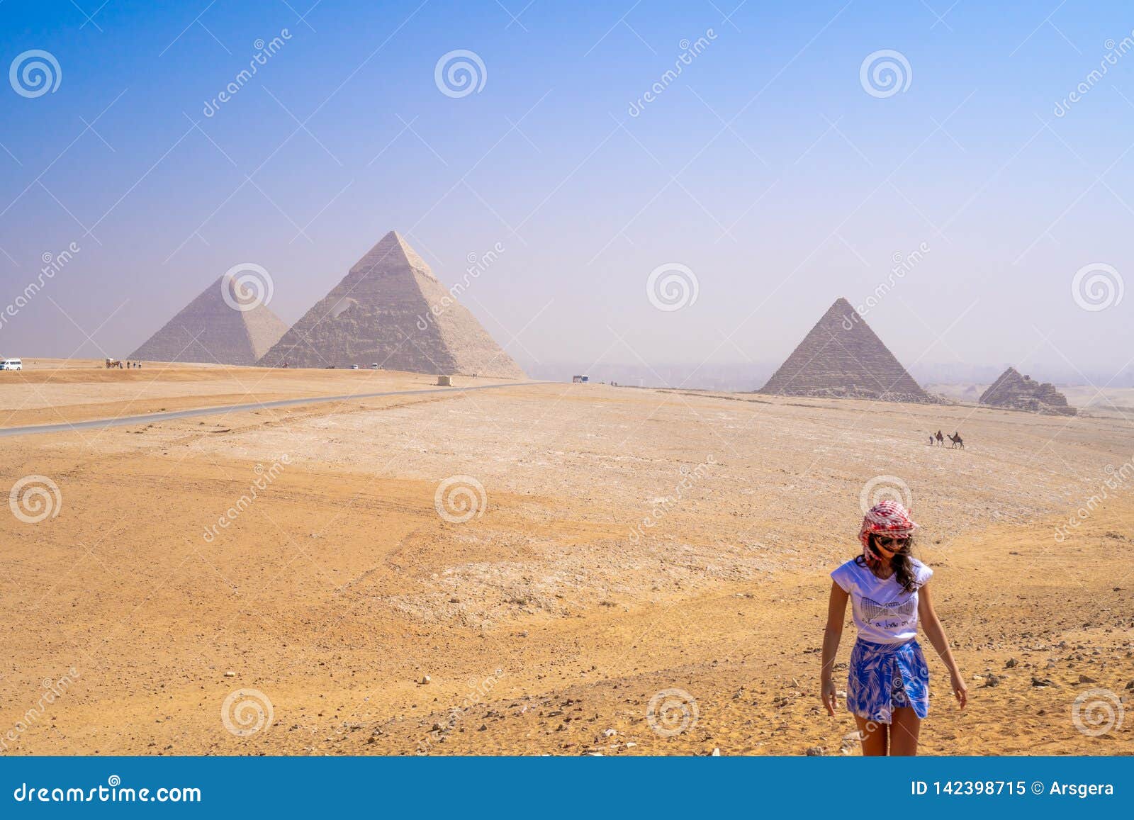 Young Woman Taking Photos With Pyramids Of Giza View Editorial Image 