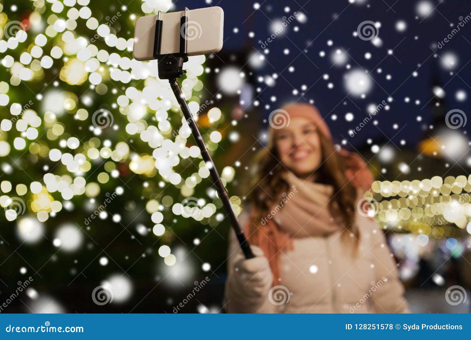 Young Woman Taking Selfie at Christmas Town Stock Photo - Image of ...