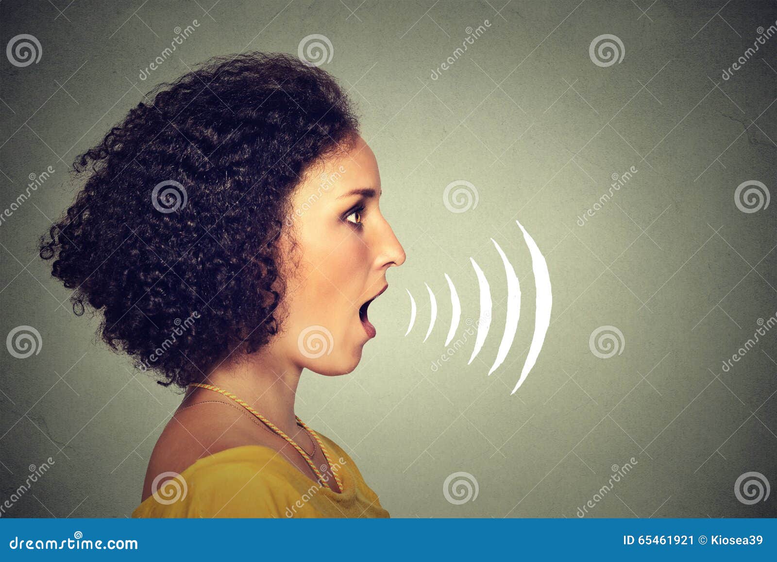 young woman talking with sound waves coming out of her mouth