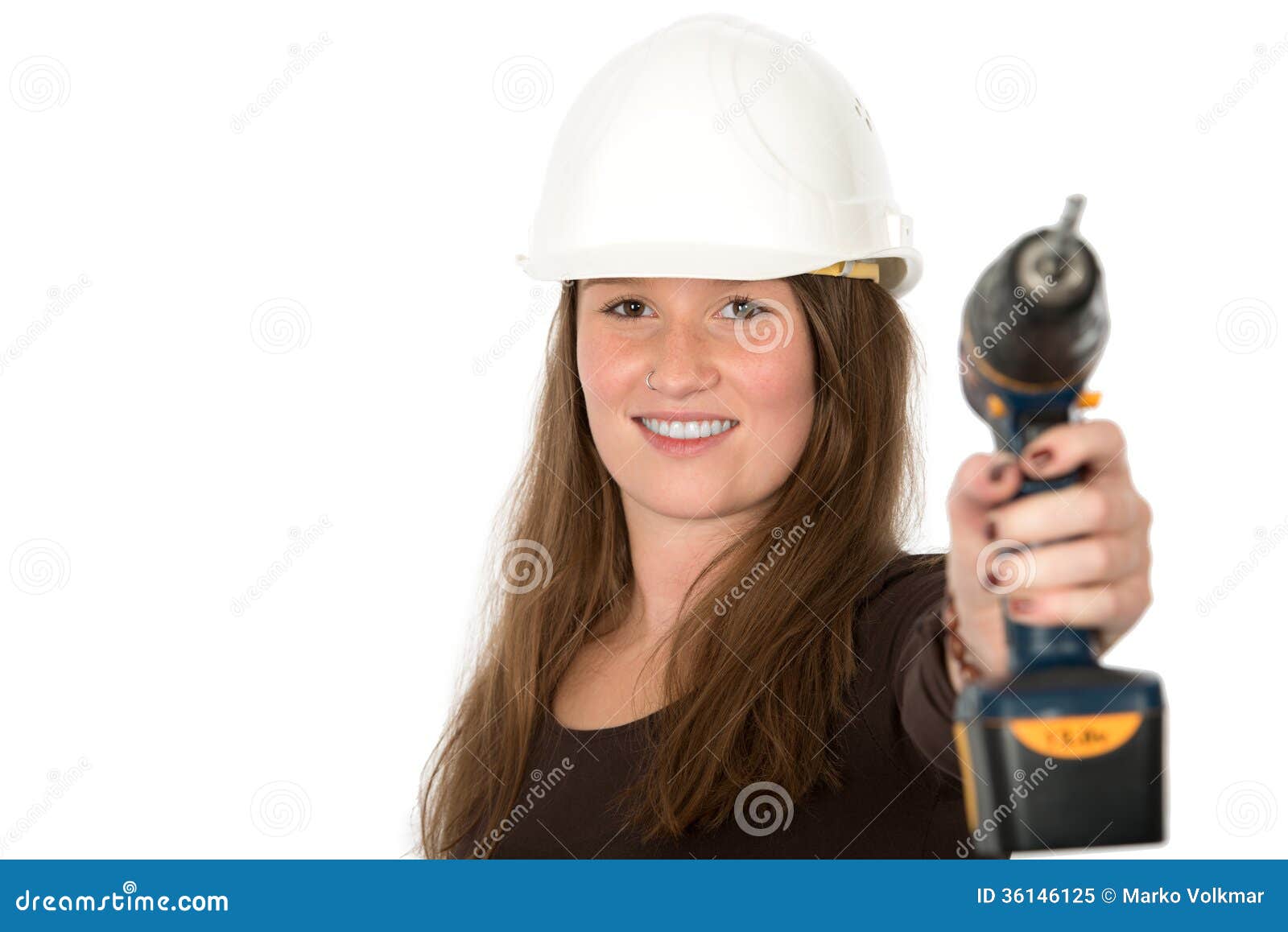 Young woman with tool stock image. Image of happy, boring 36146125