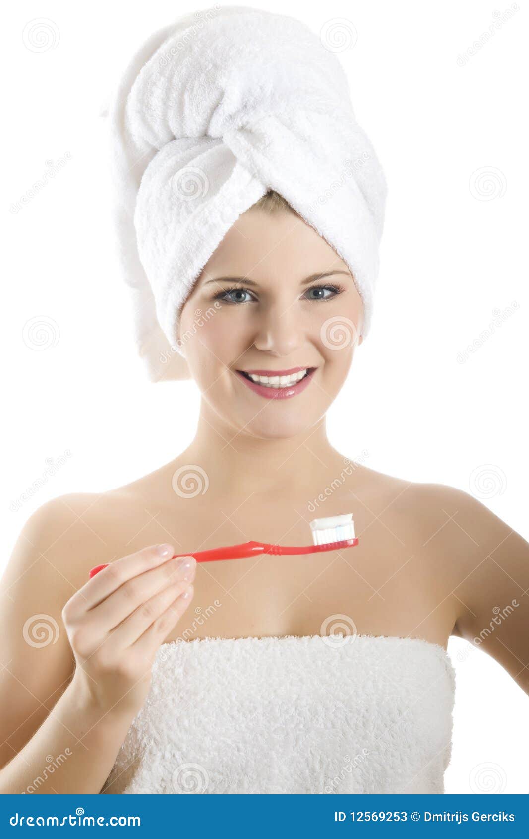 Young Woman with Tooth Brush in a Towel Stock Image Image of applying