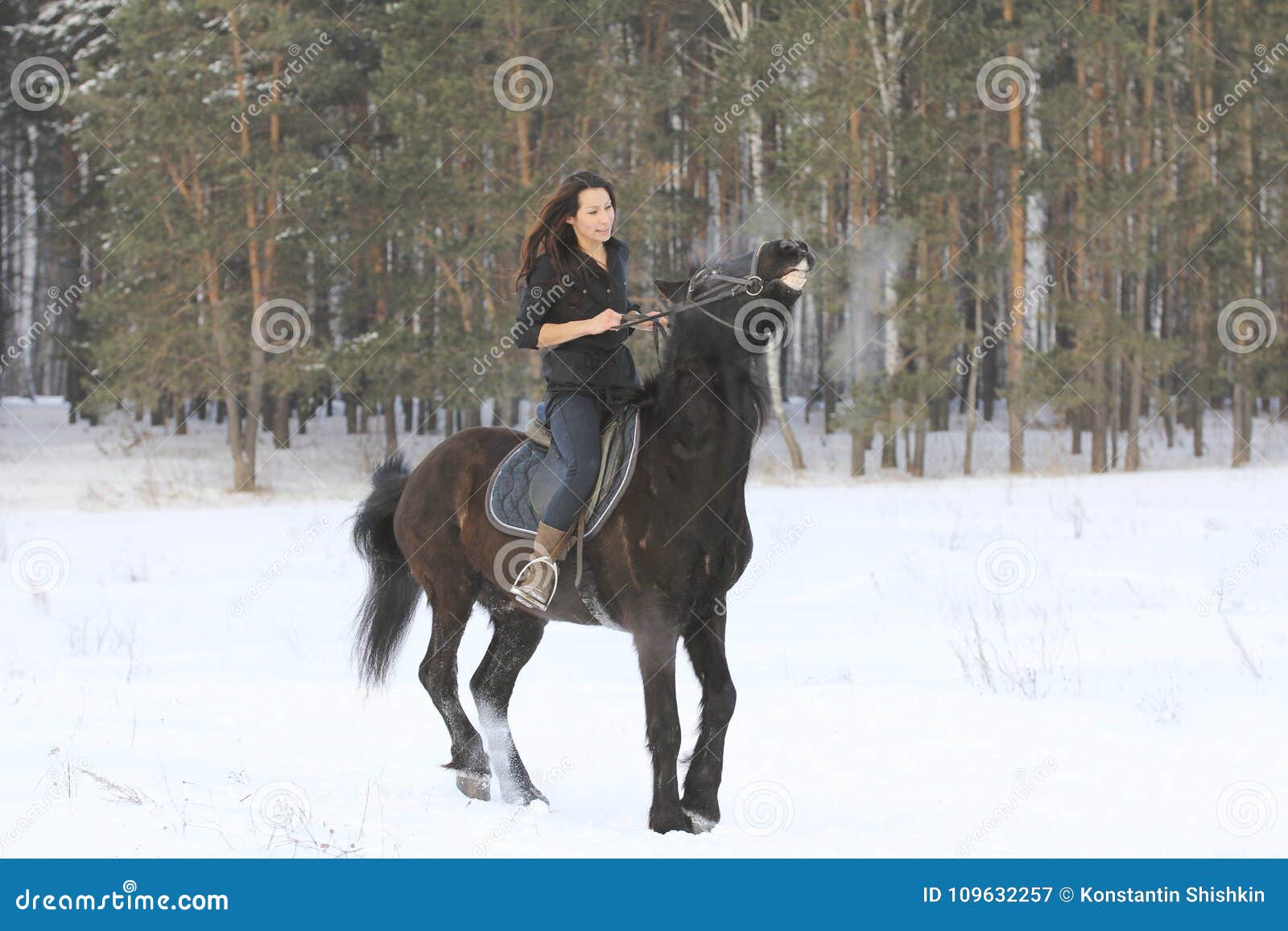 young woman on top a bay horse in winter forest