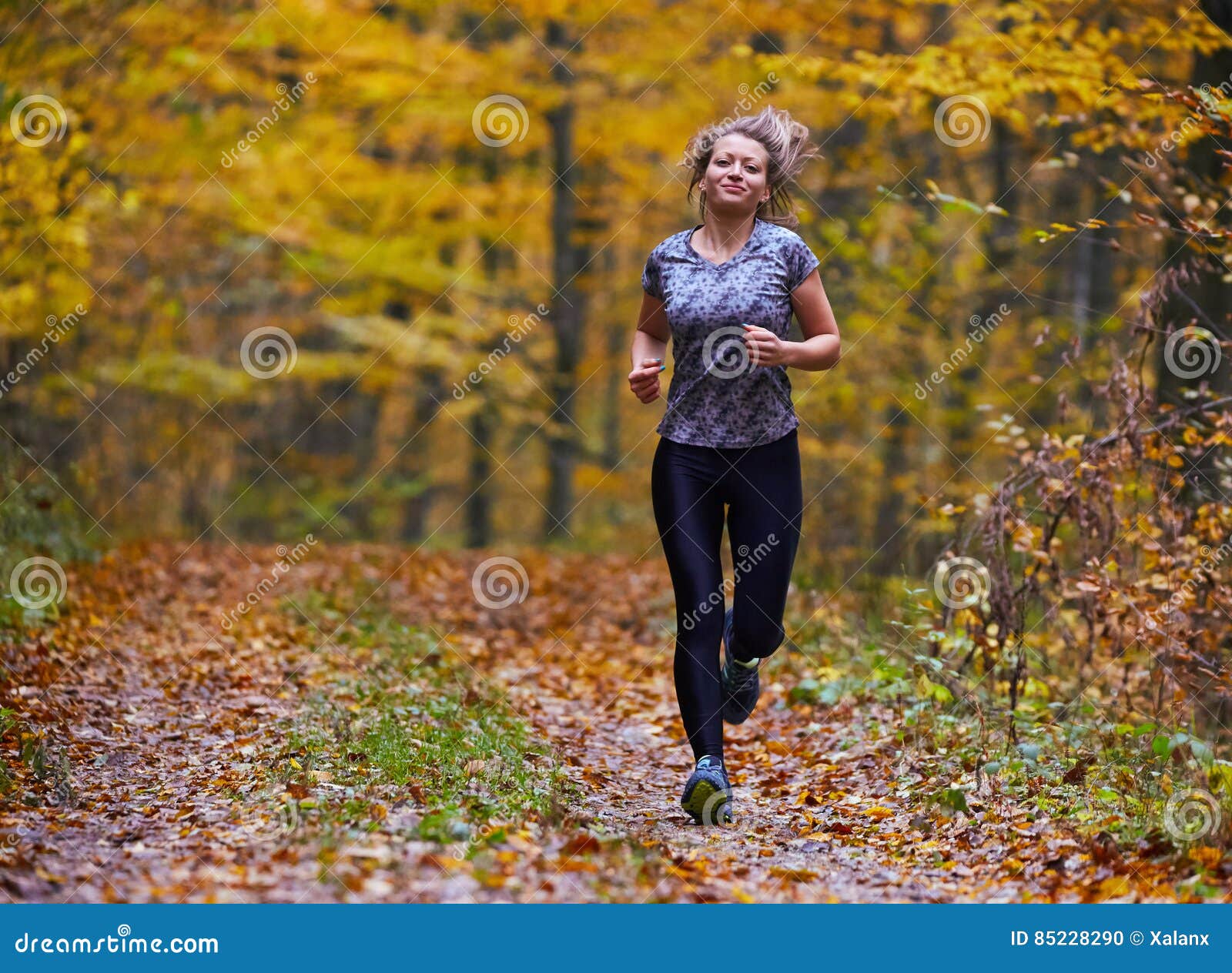 Young Woman Trail Running in the Forest Stock Photo - Image of ...