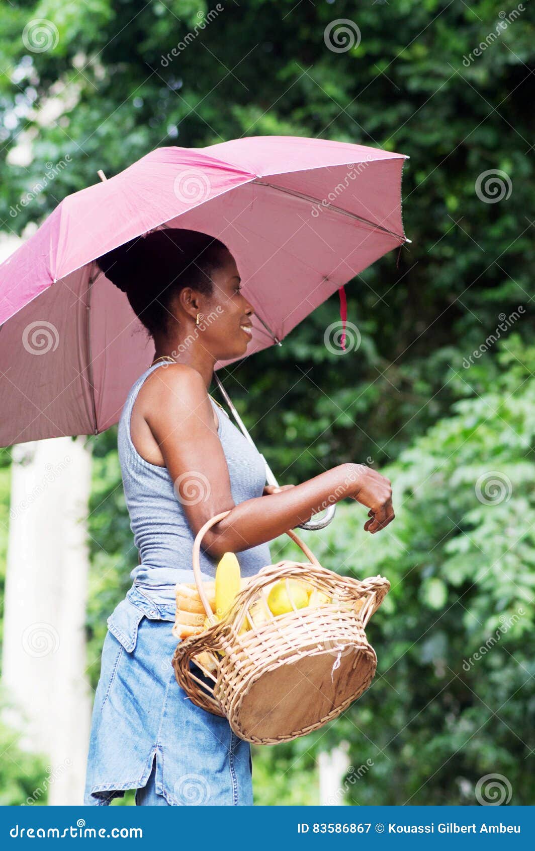 Young Woman with an Umbrella and Holding a Basket. Stock Image Image