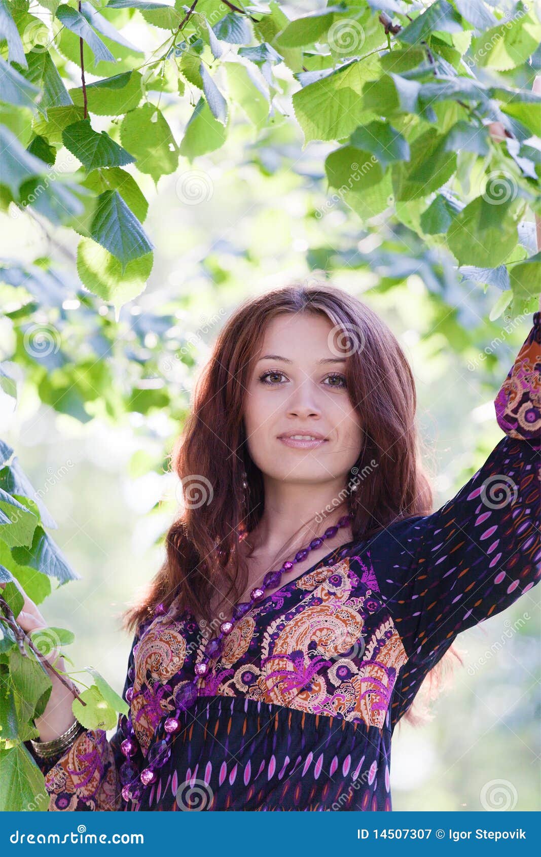 Young Woman Under Green Tree in Spring Park Stock Image - Image of ...