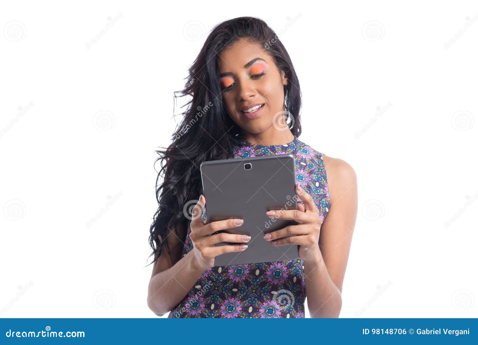 Young Woman Uses Digital Tablet Black Brazilian Girl