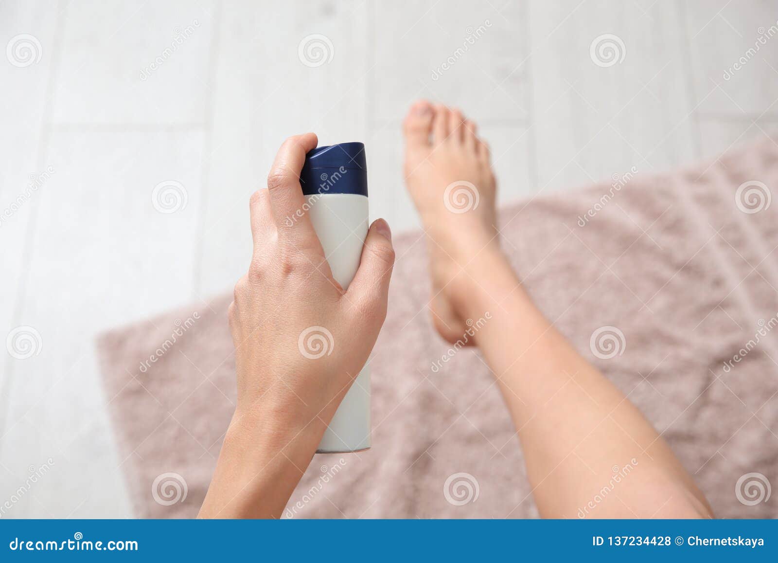 Young Woman Using Deodorant for Feet at Home Stock Photo Image of