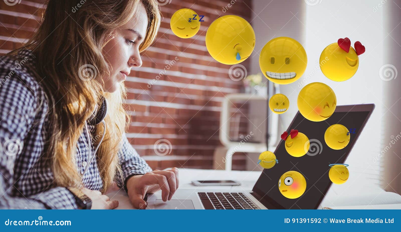 Young Woman Using Laptop while Emojis Flying Over Stock Illustration Illustration of corporate