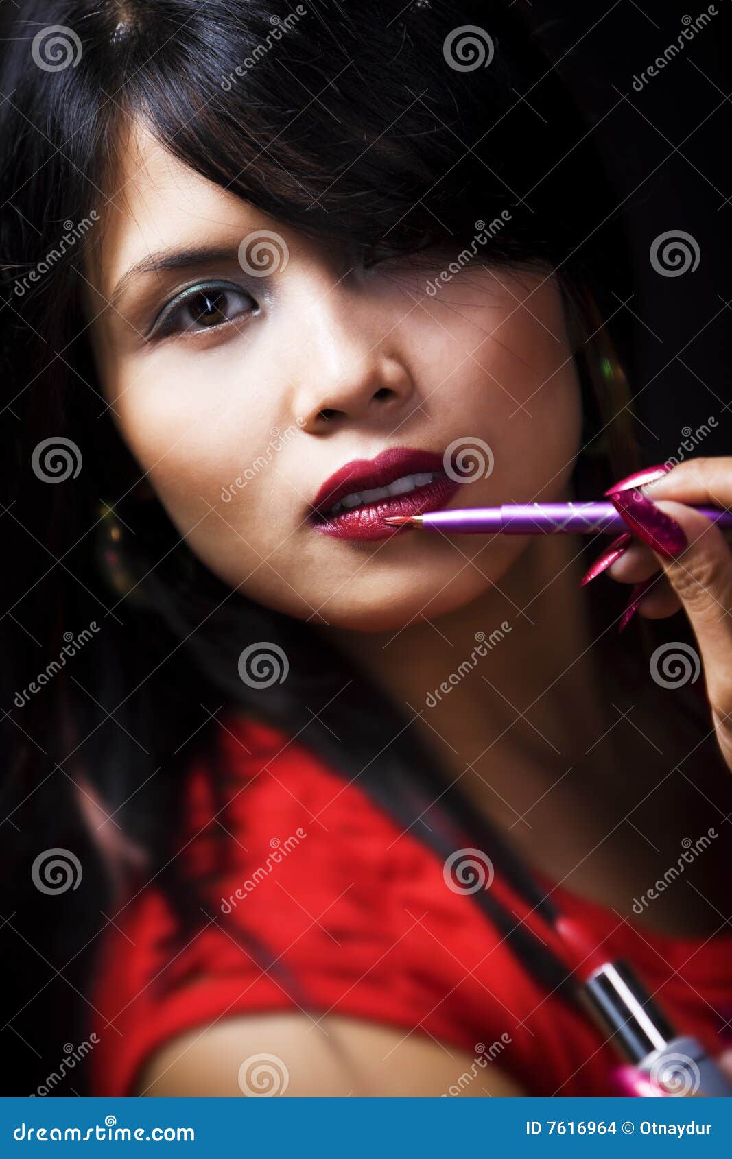 Young Woman Using Lipstick Brush Stock Photo Image of fashion
