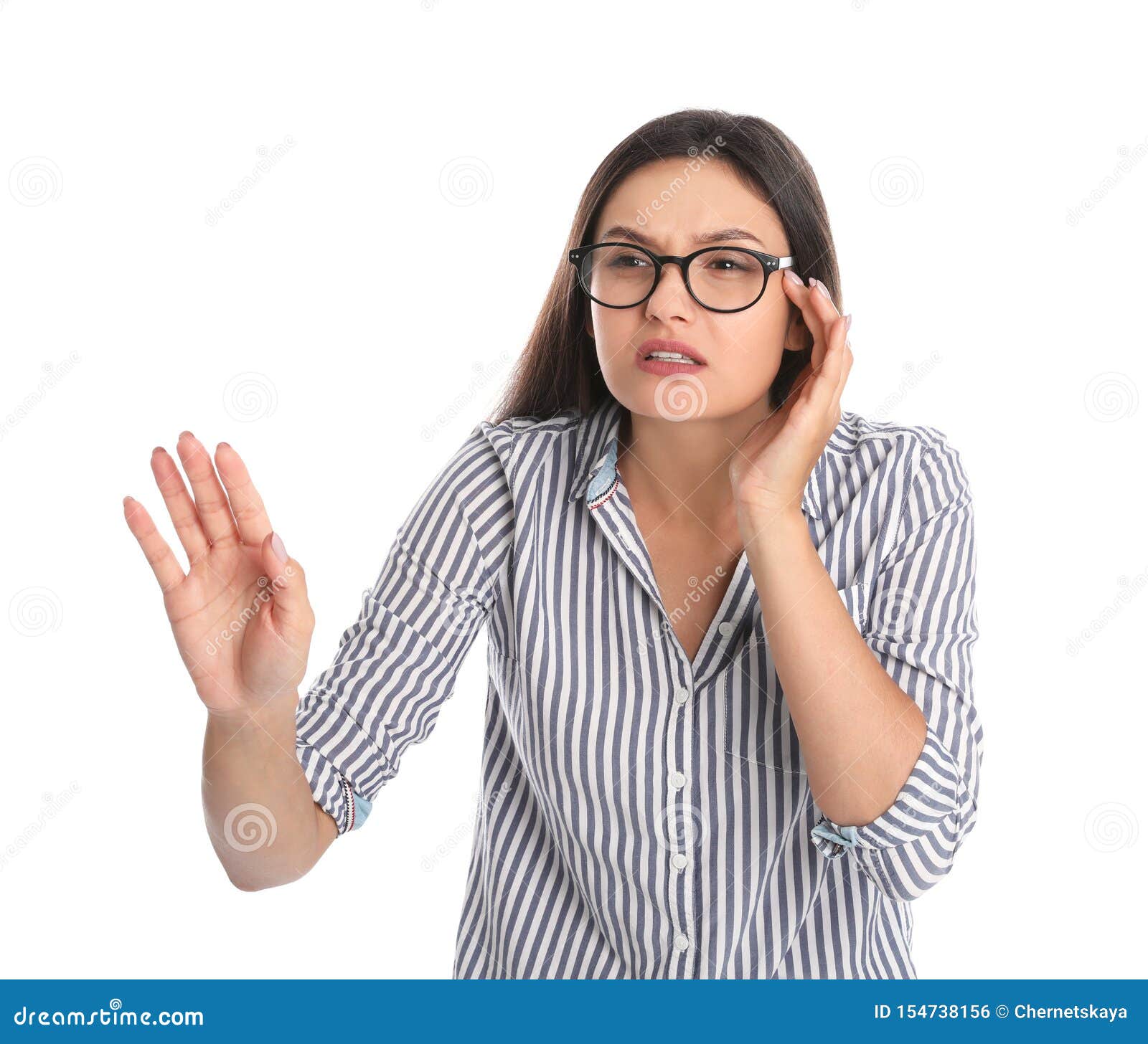Young Woman with Vision Problem Wearing Glasses on White Stock Photo Image of optic, myopia