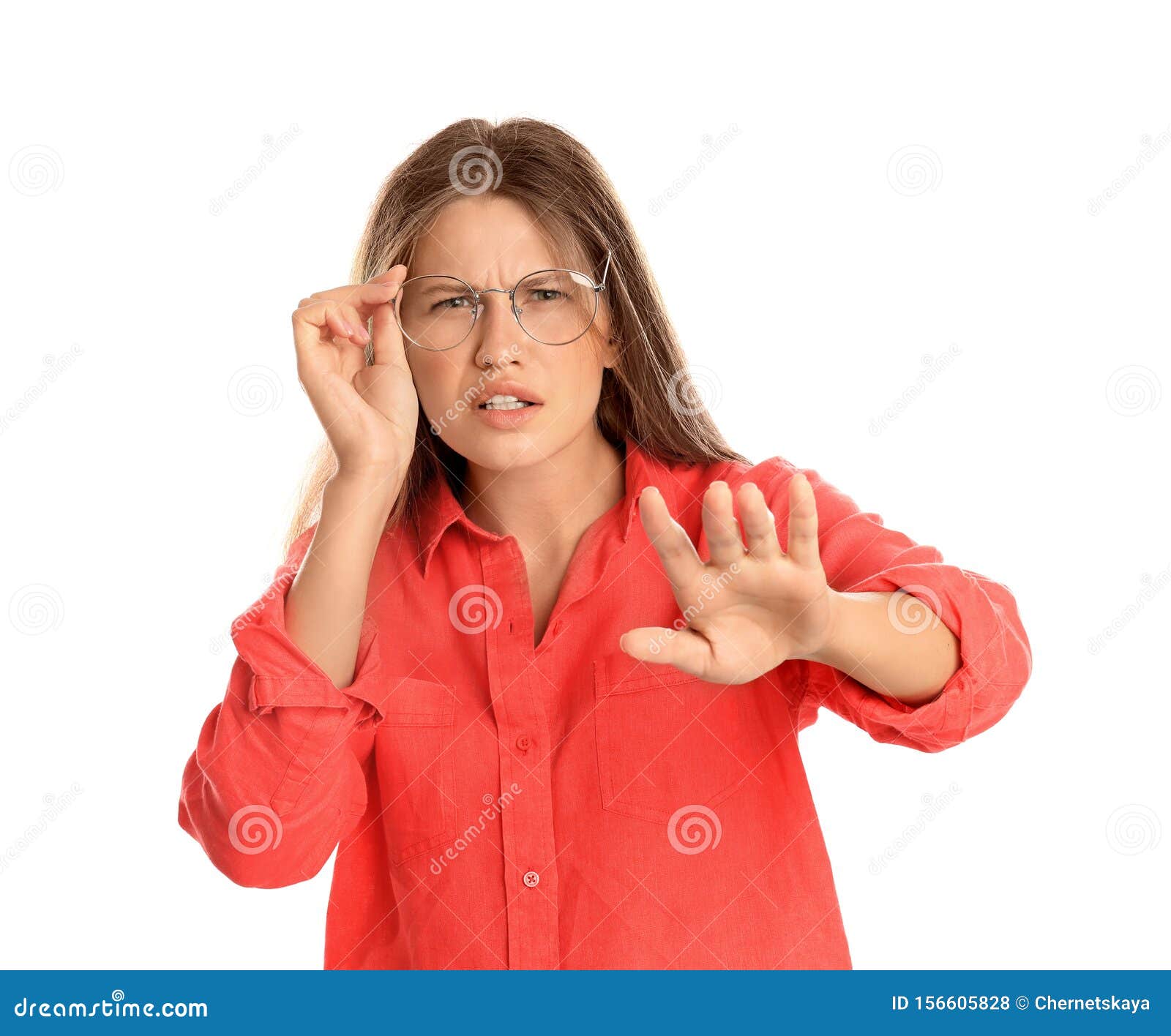 Young Woman with Vision Problems Glasses on White Background Stock