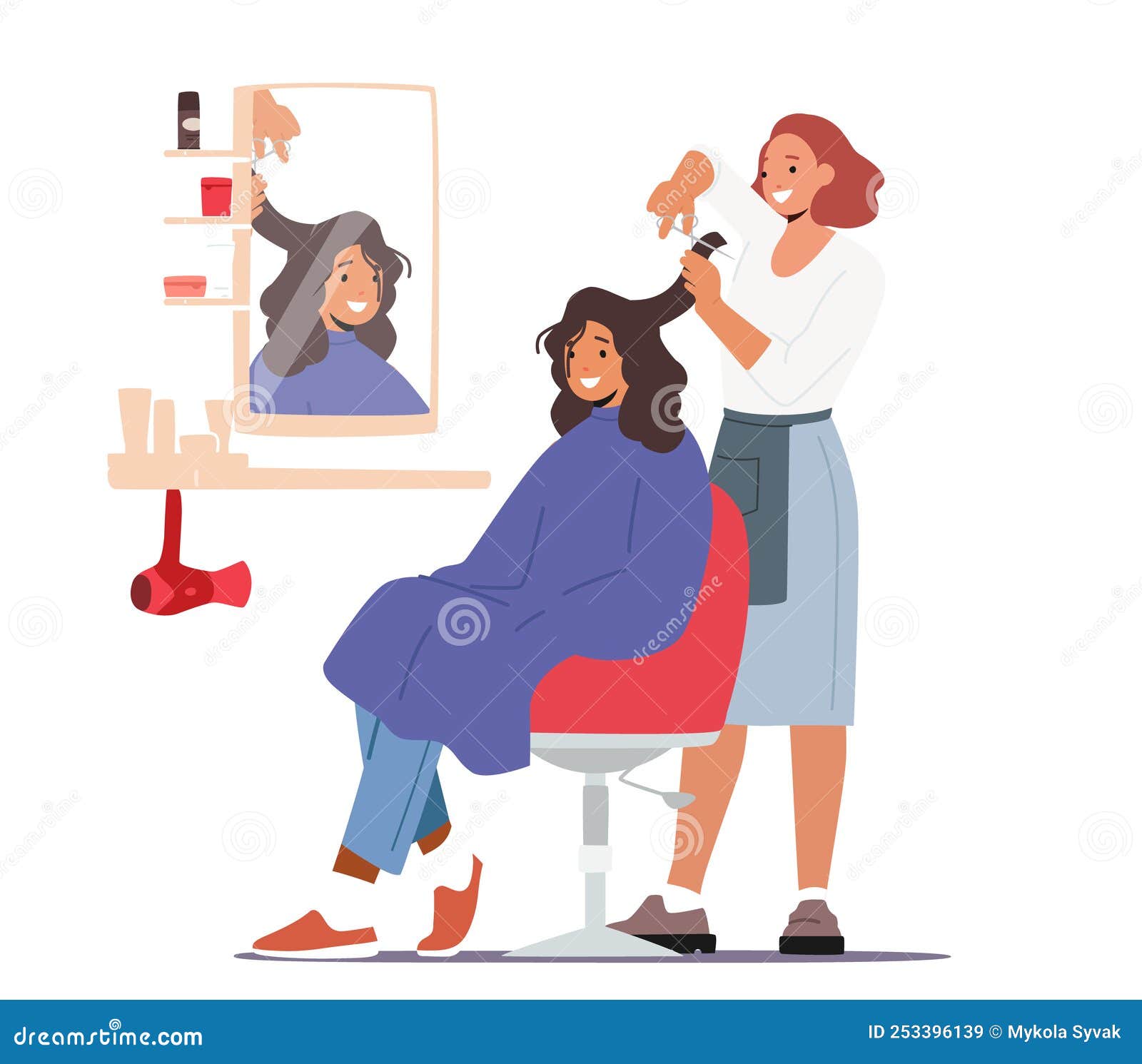 Cute Girl With Scissors Cutting Own Hair At Home In Front Of Bathroom  Mirror Stock Illustration - Download Image Now - iStock