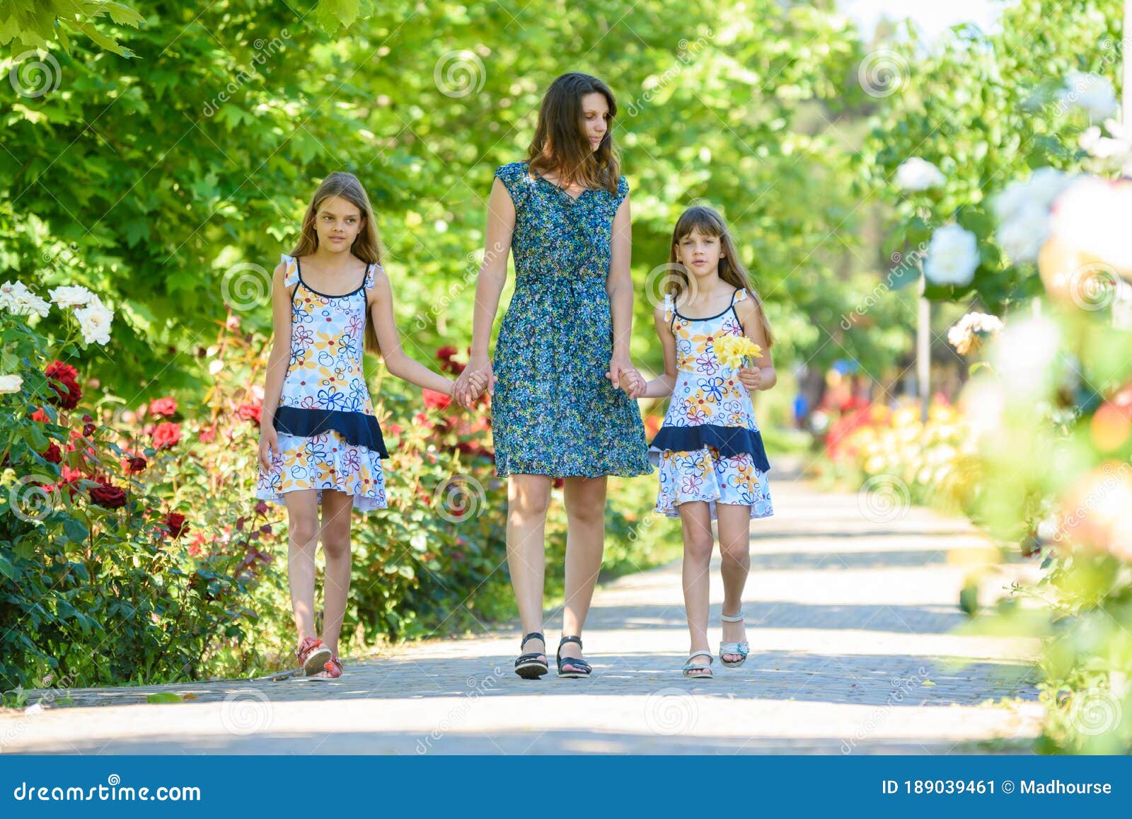 The Eldest Daughter Walks Down The Flower Path Young Woman Walks Down the Path in the Flowering Garden by the Hand