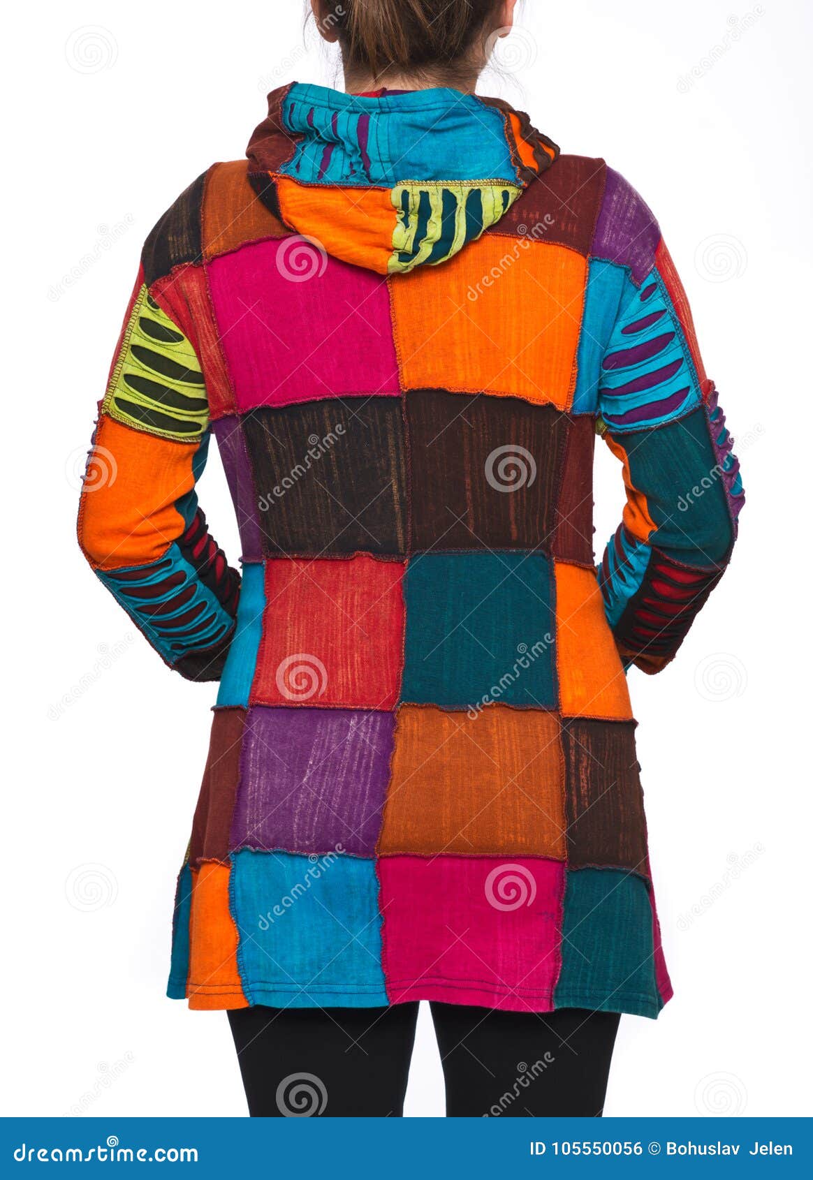 Young Woman Wearing Coat Of Many Colors Hooded Long Patchwork Jacket Stock Photo Image Of Elegant Blazer