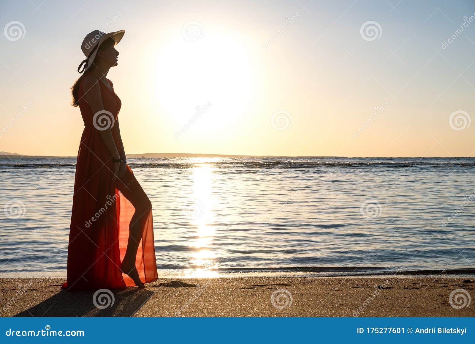 Young Woman Wearing Long Red Dress and Straw Hat Standing on Sand Beach ...