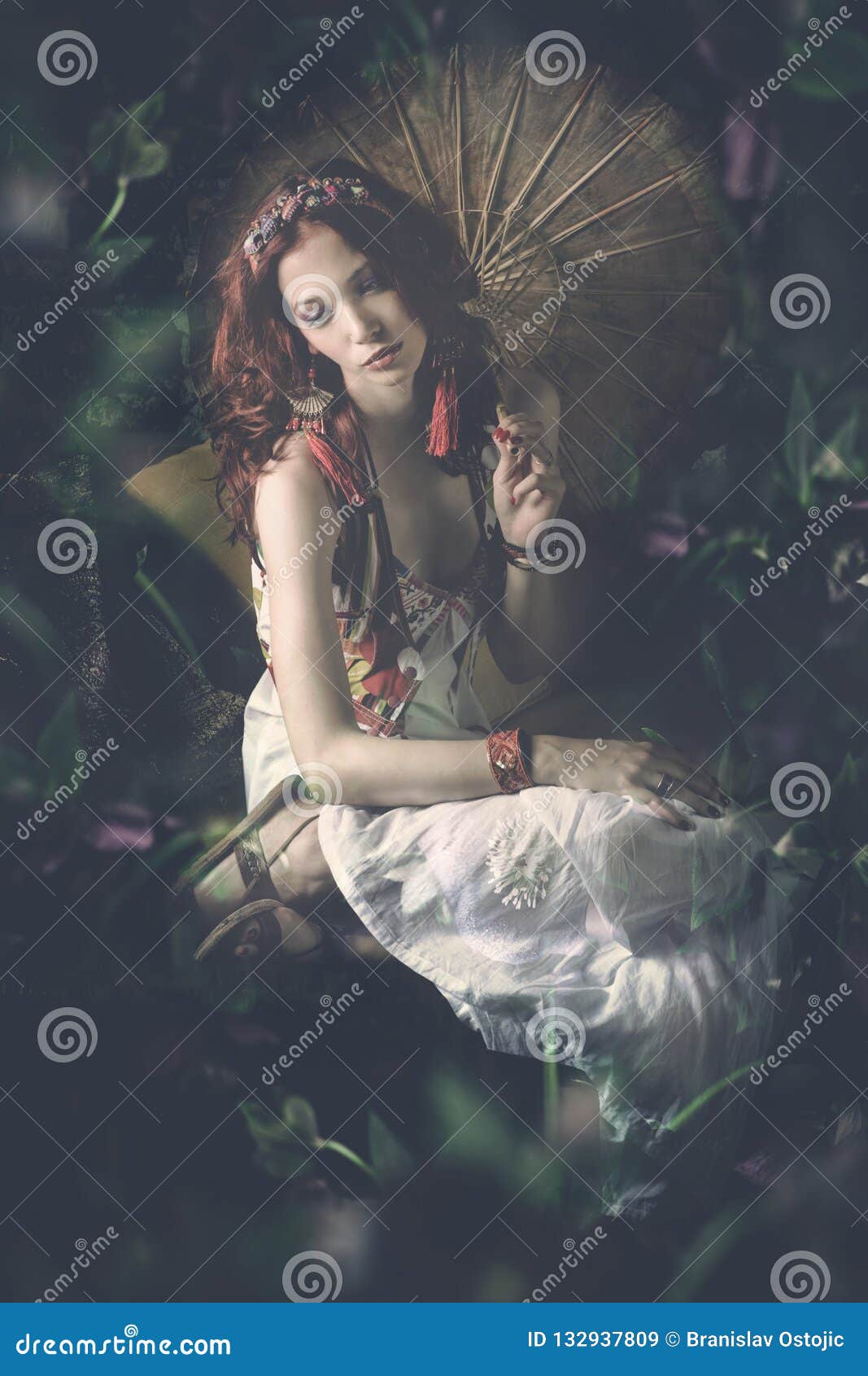 Young Woman In White Dress With Parasol Sit In Fantasy Garden C