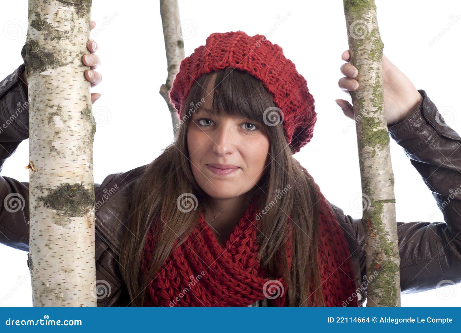 Young Woman in Winter Clothes between Birch Trees Stock Photo Image