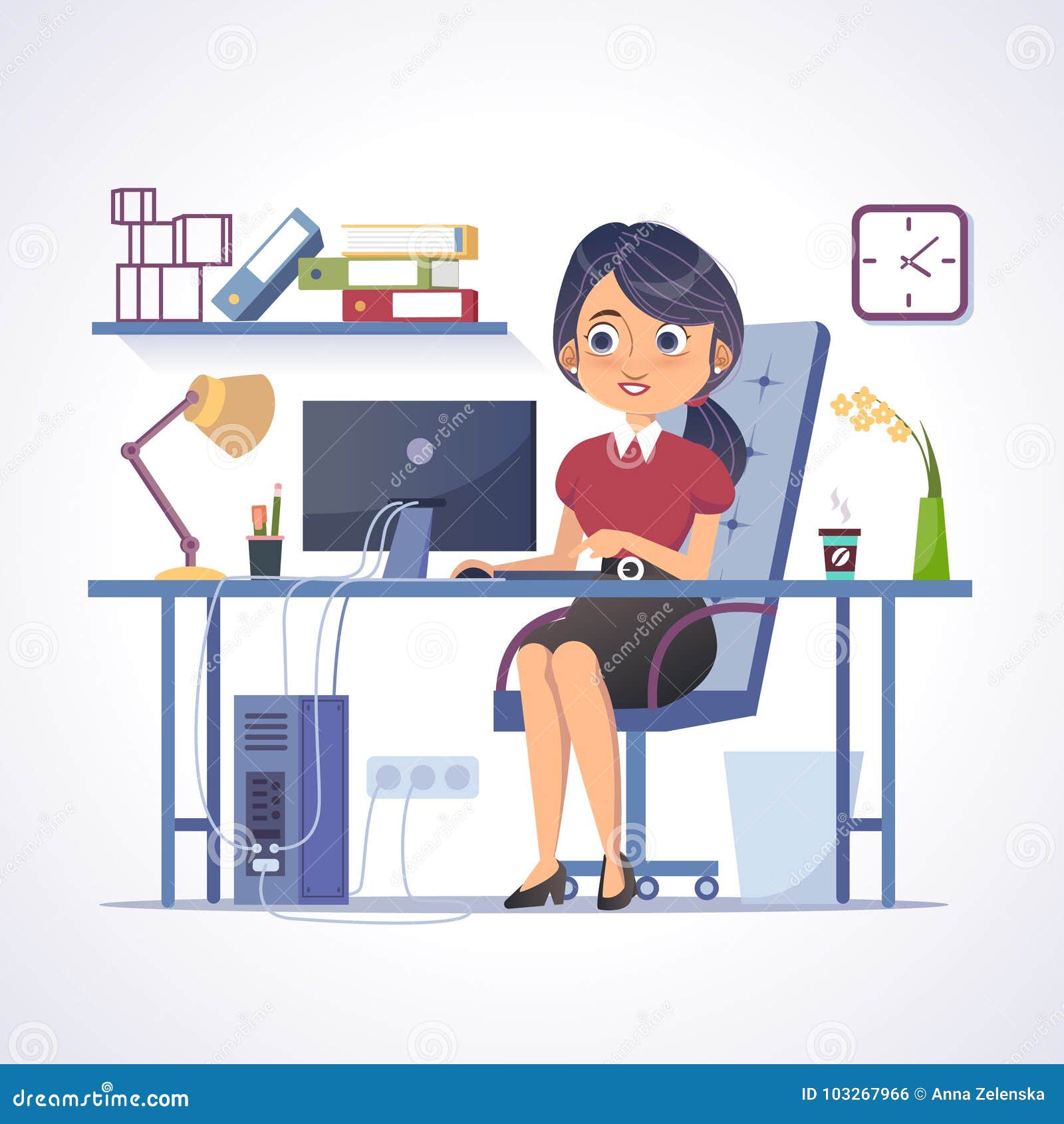 Young Woman Works in Office. Vector Clip Art Stock Illustration -  Illustration of plant, clock: 103267966