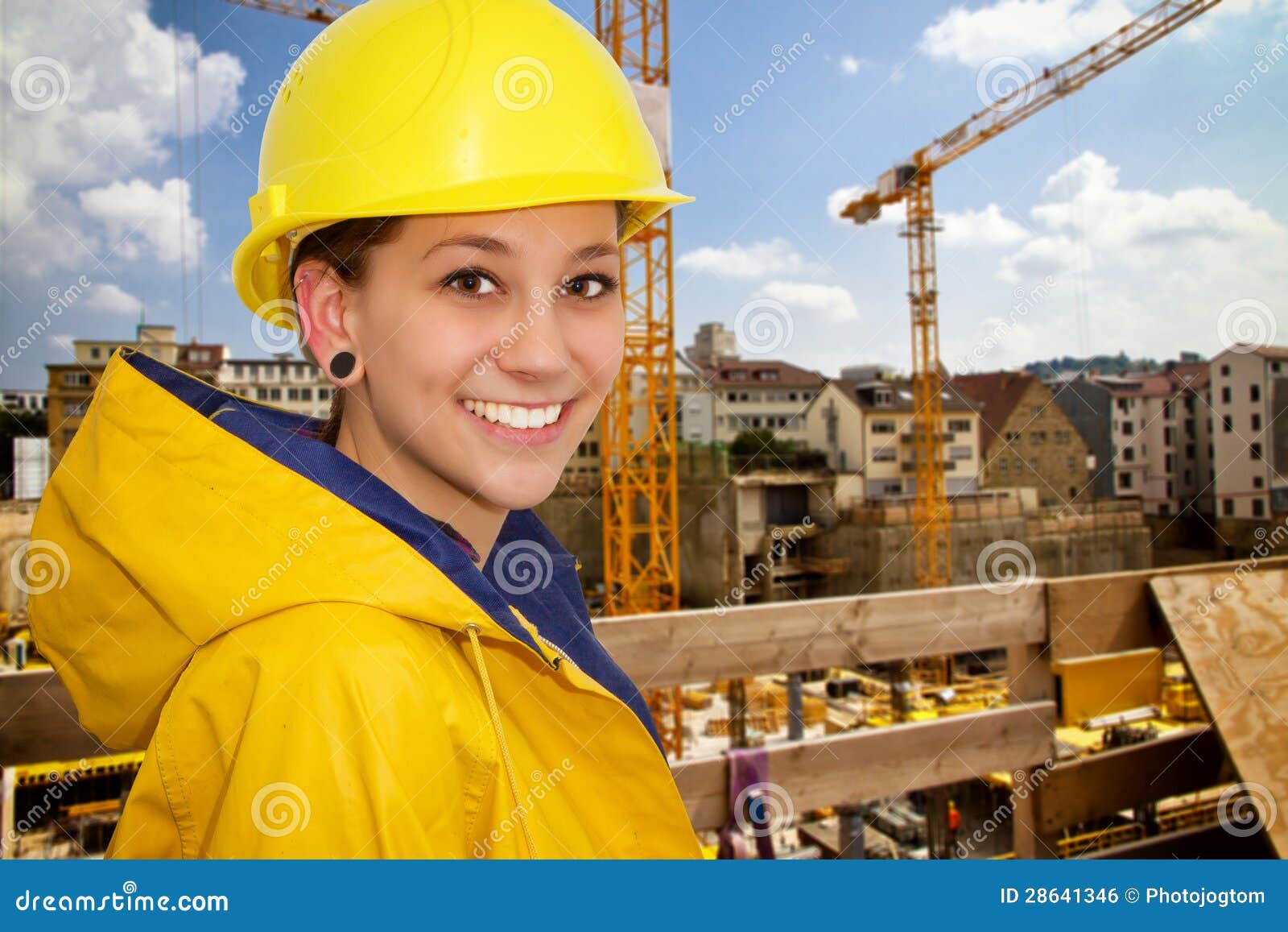 Young woman in workwear stock photo. Image of city, construction 28641346
