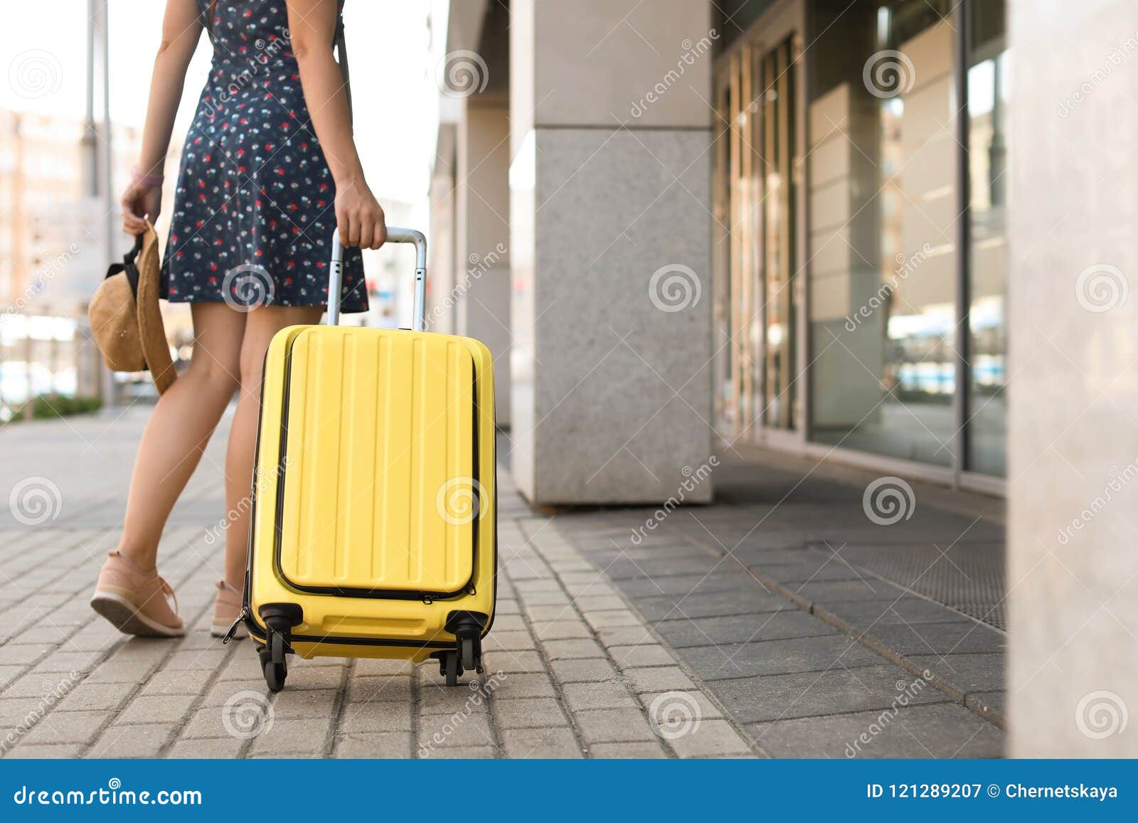Young Woman with Yellow Carry on Suitcase Stock Image Image of legs