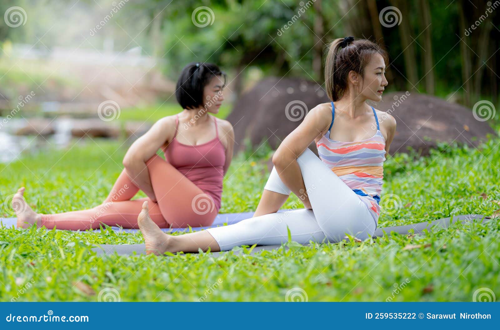 https://thumbs.dreamstime.com/z/young-woman-yoga-outdoors-lawn-two-young-women-doing-difficult-yoga-poses-spine-twist-seated-pose-open-field-259535222.jpg