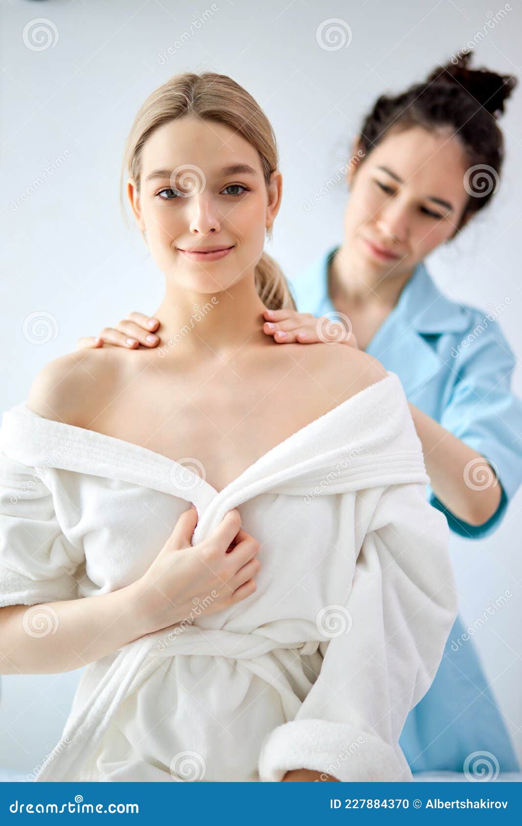 Young Woman Doing Relaxing Neck Massage In Salon Classic Massage For Purpose Prevention Stock