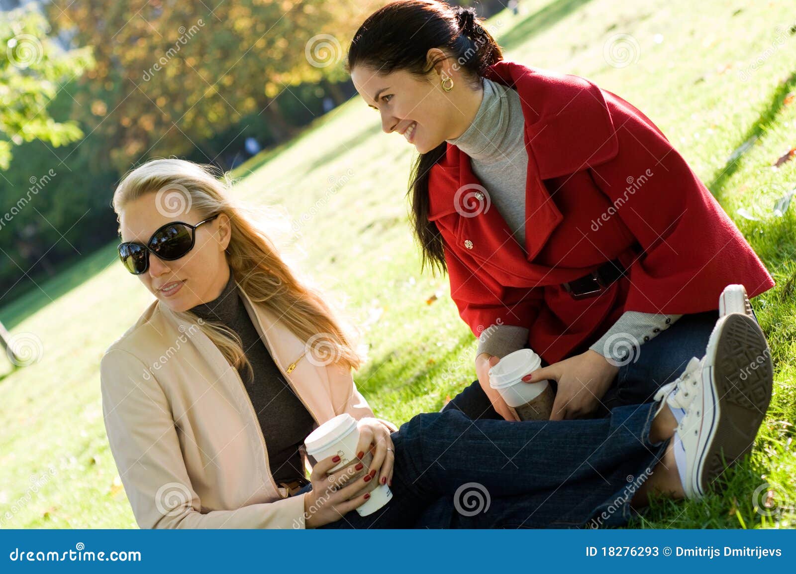 Young Women Having Coffee Break Together in Park Stock Image Image of