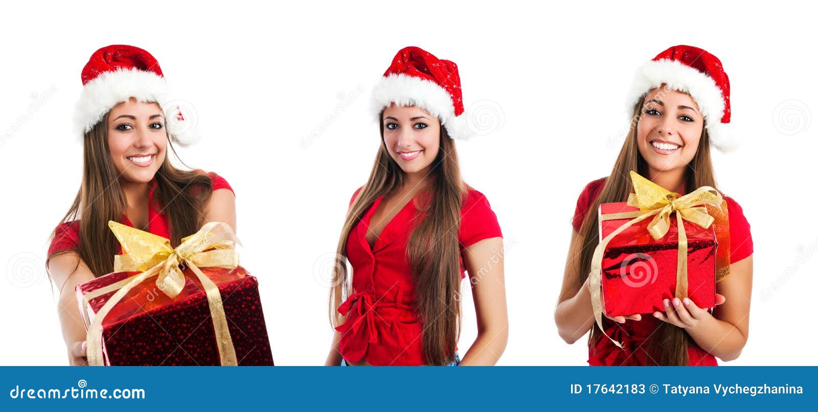 Set of attractive young women in santa claus hat photos