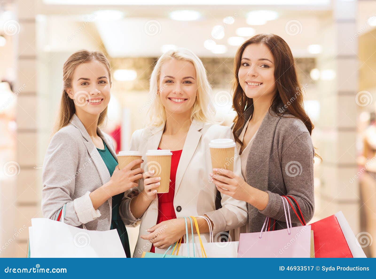Young Women with Shopping Bags and Coffee in Mall Stock Image - Image ...