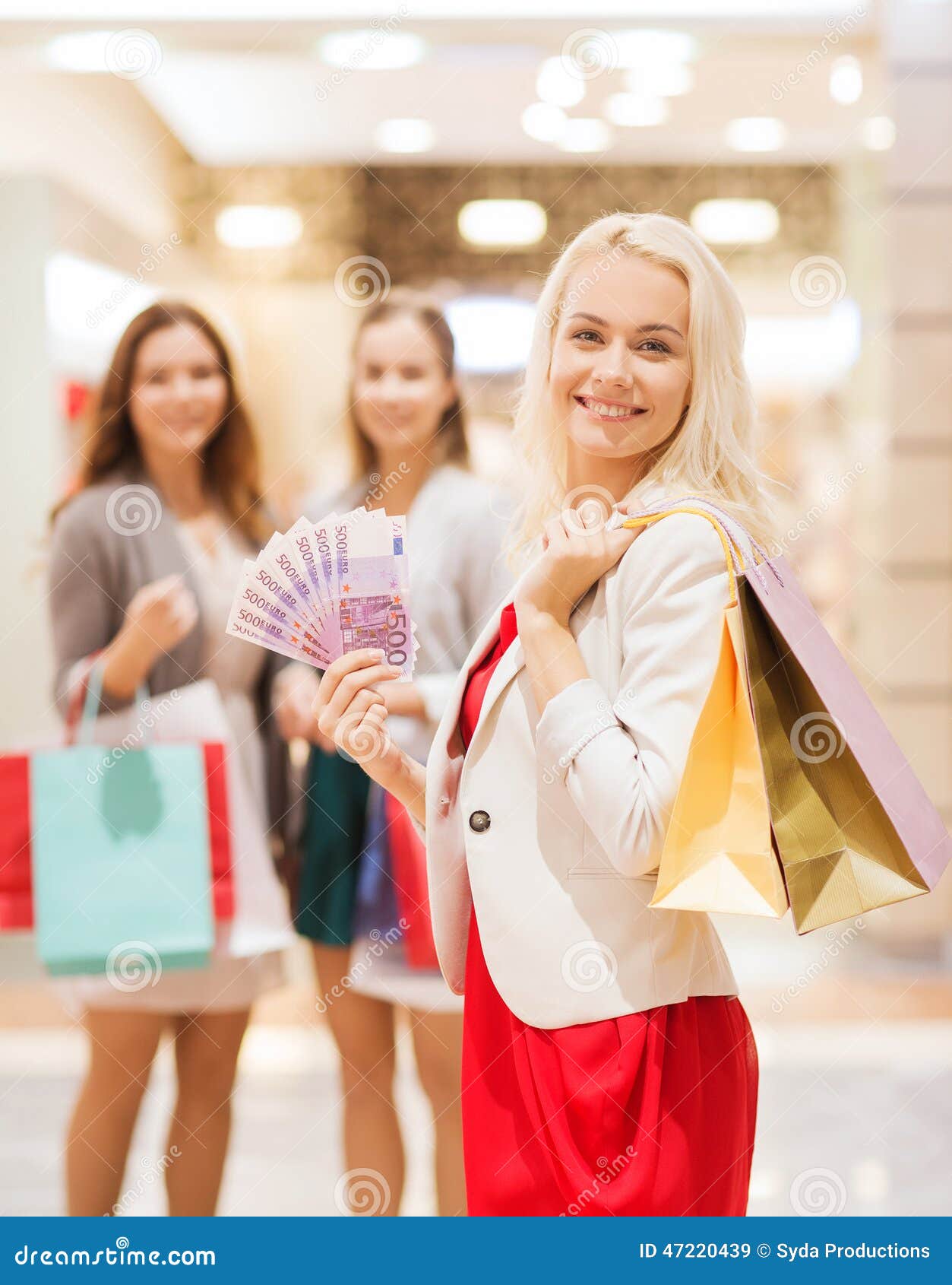 Young Women with Shopping Bags and Money in Mall Stock Image - Image of ...