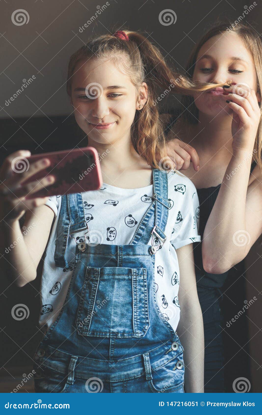 Young Women Taking Selfie, Using Smartphone Camera Stock Image - Image ...