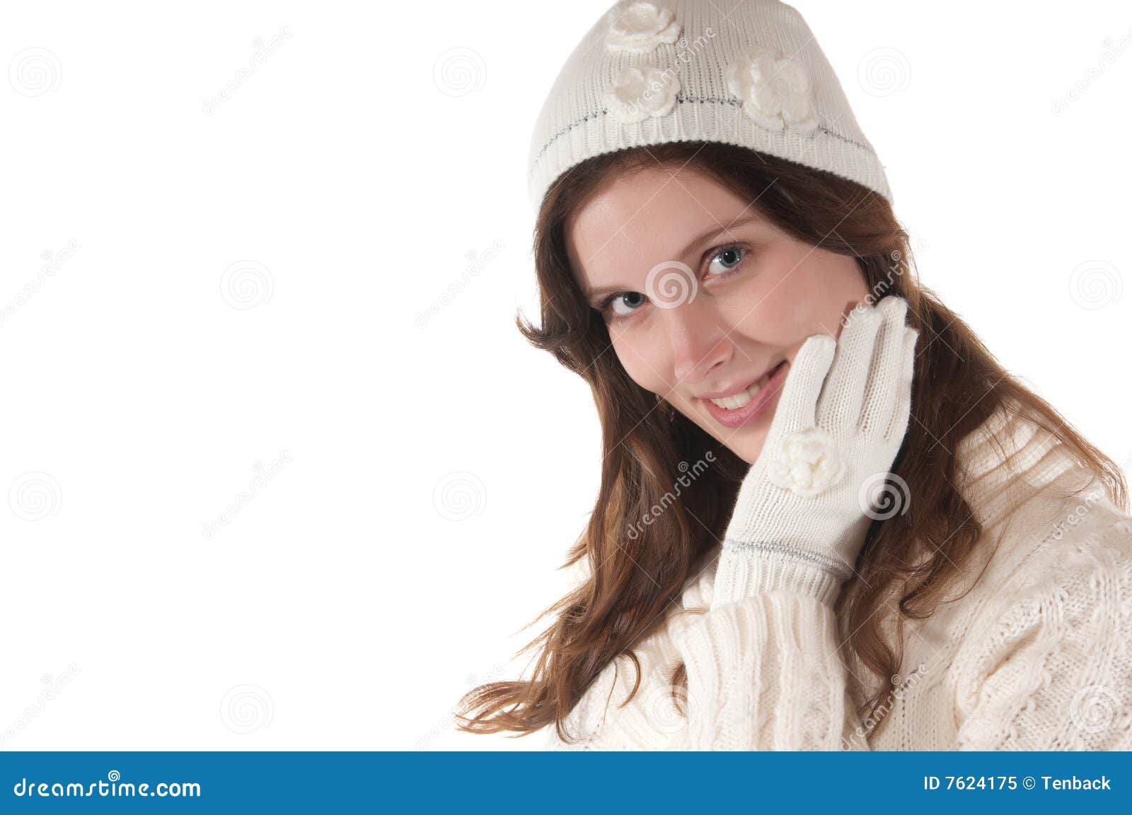 Young Women with White Knit Hat and Glove Stock Image Image of