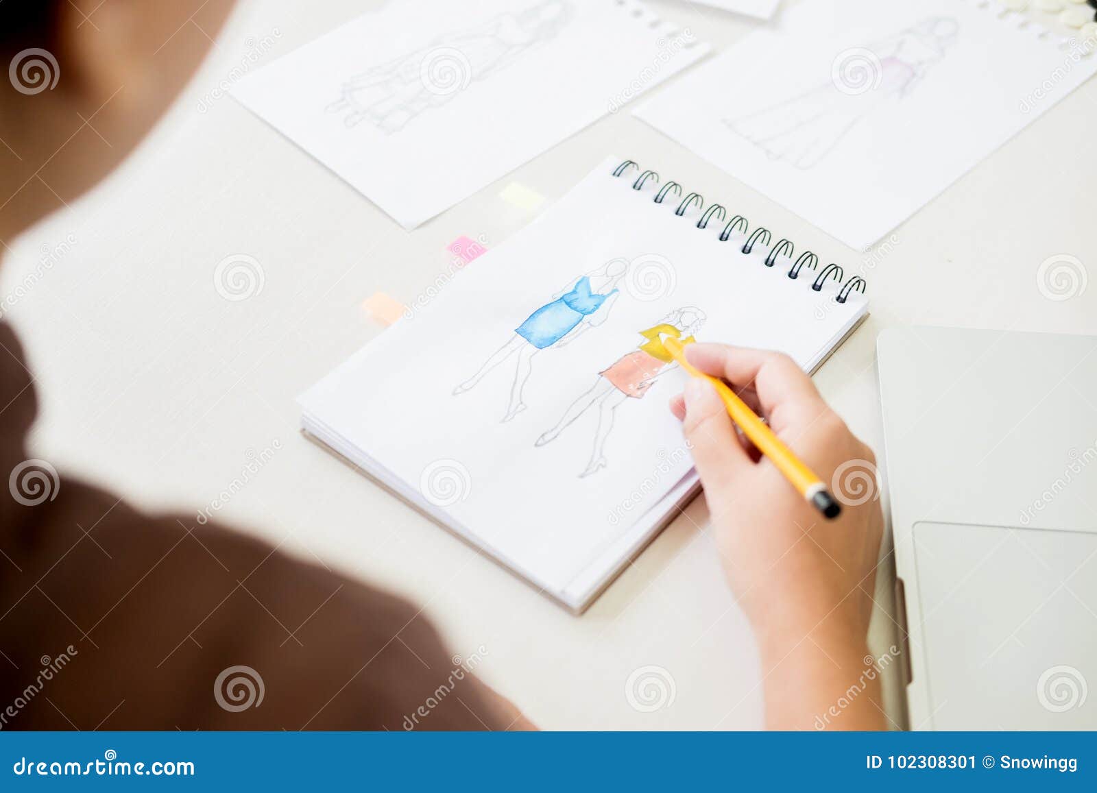 Young Women Working As Fashion Designer Drawing Sketches for Clo Stock ...