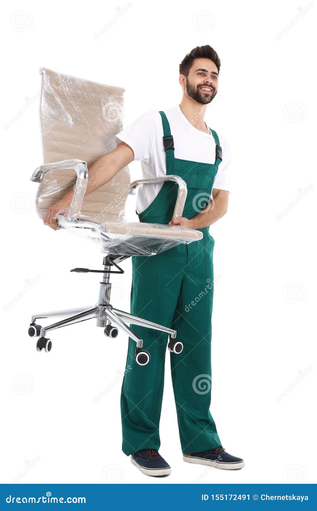 Young Worker Carrying Office Chair Isolated. Moving Service Stock Image