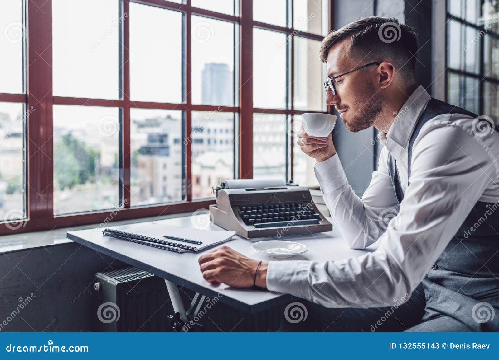 Young Writer Drinking Coffee Indoors Stock Image Image of typewriter, vintage 132555143