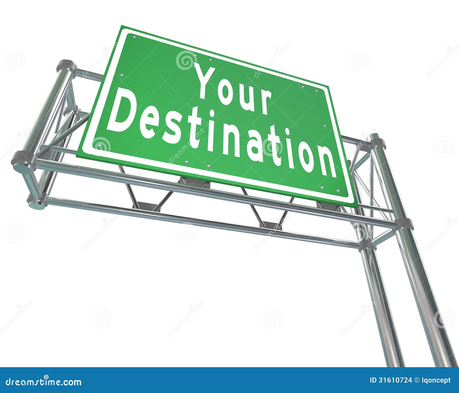 Your Destination Green Freeway Sign Arriving at Desired Location. Your Destination words on green freeway road sign directing you to your desired location, attraction or place you ve been traveling to