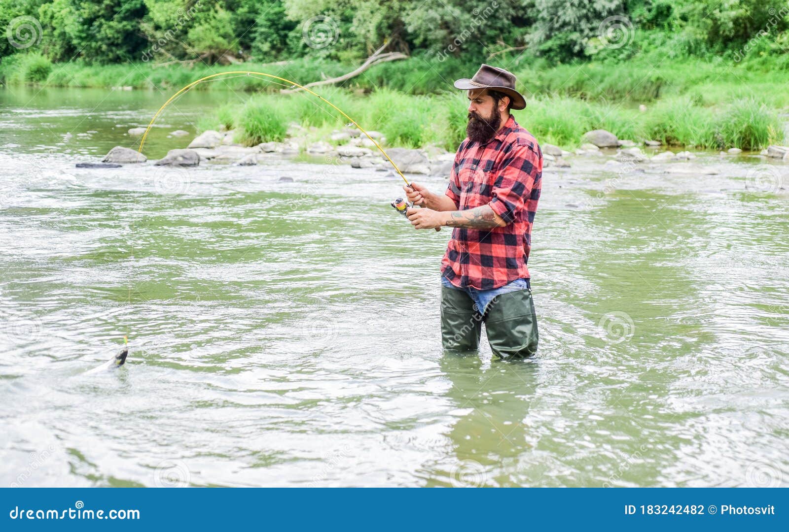 Your Favourite Hobby. Bearded Fisher In Water. Hobby And  