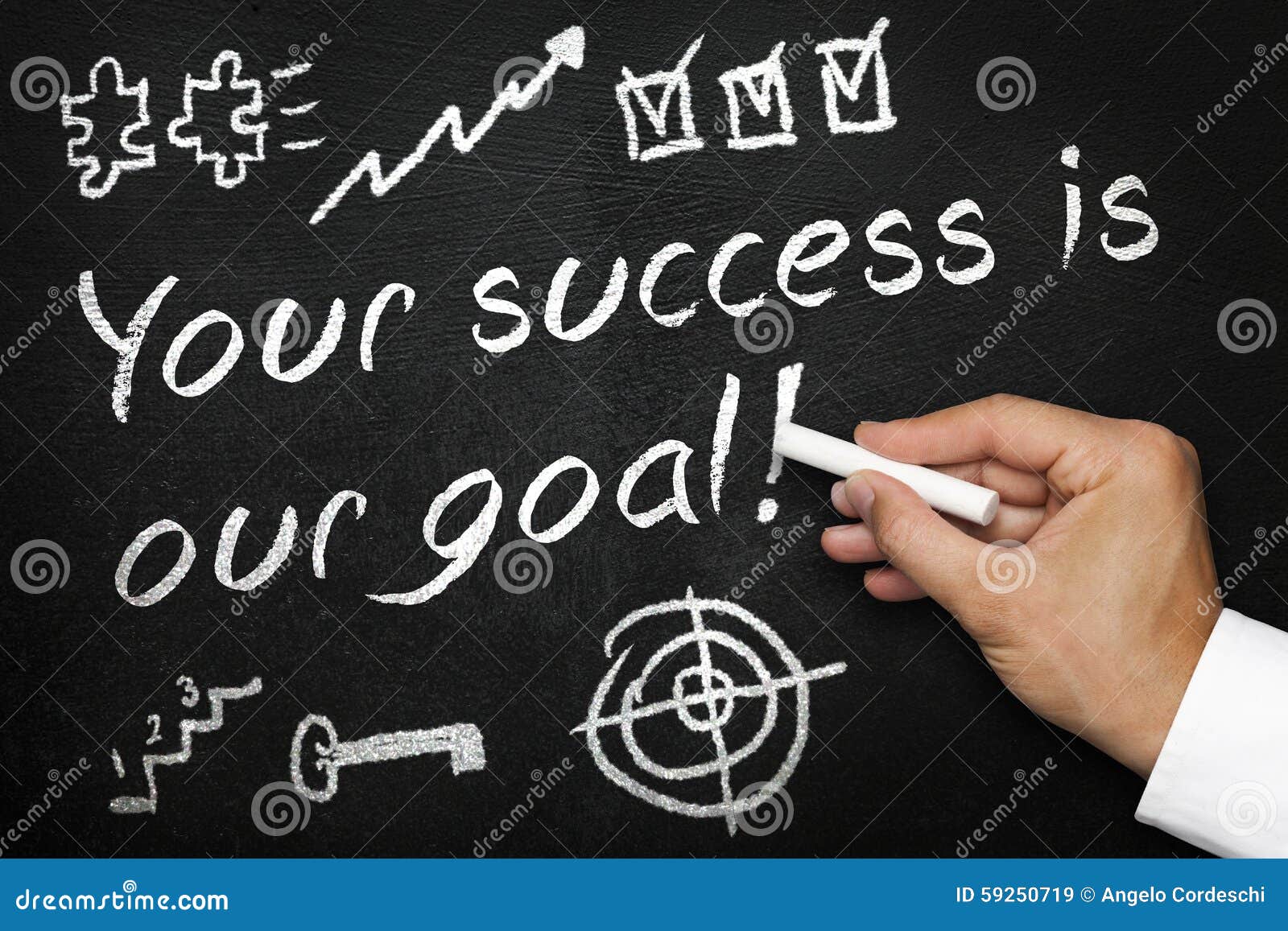 your success is our goal. blackboard or chalkboard with hand and chalk.