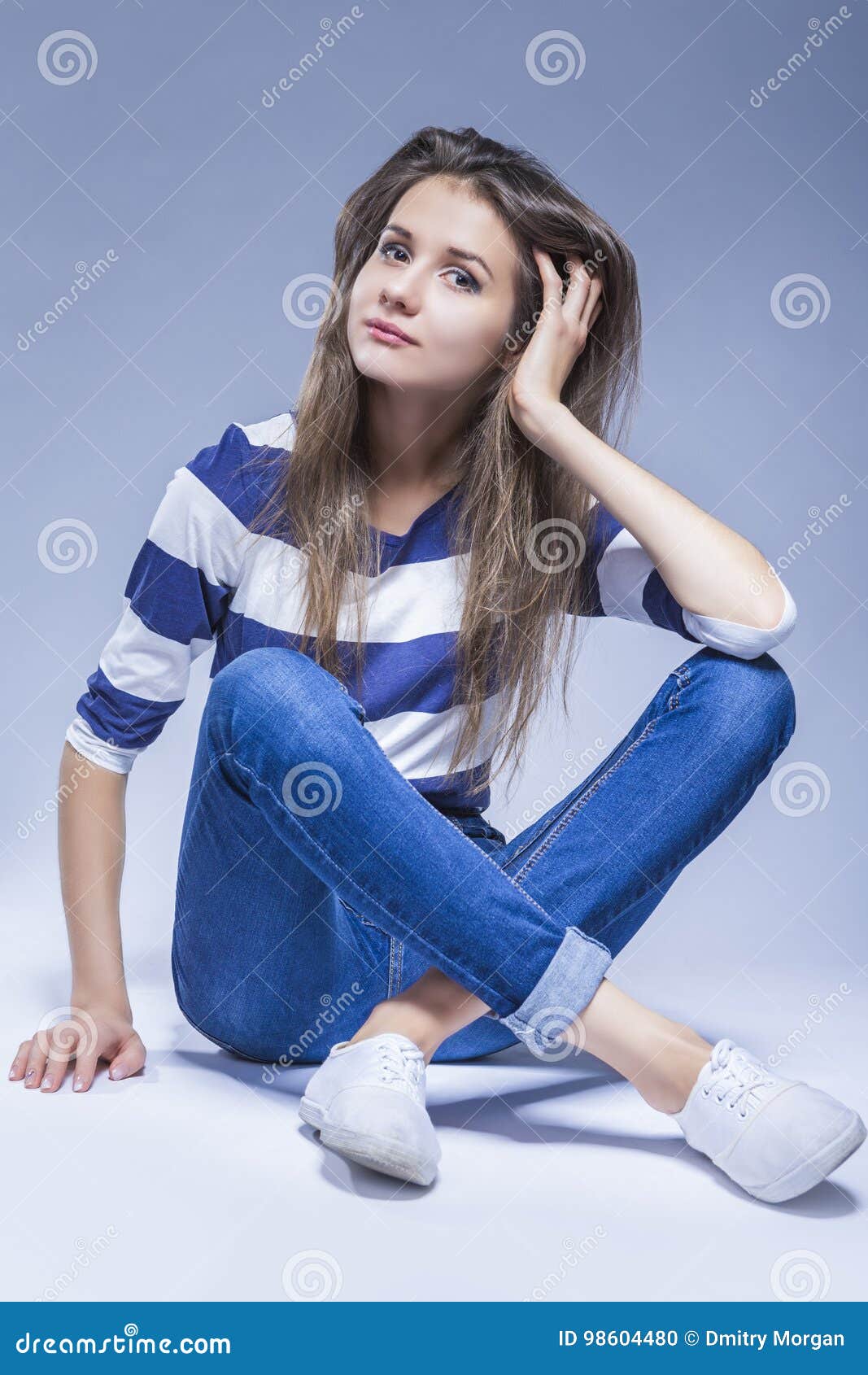 Youth Lifestyle Ideas. Caucasian Brunette Girl Sitting on Floor Stock ...