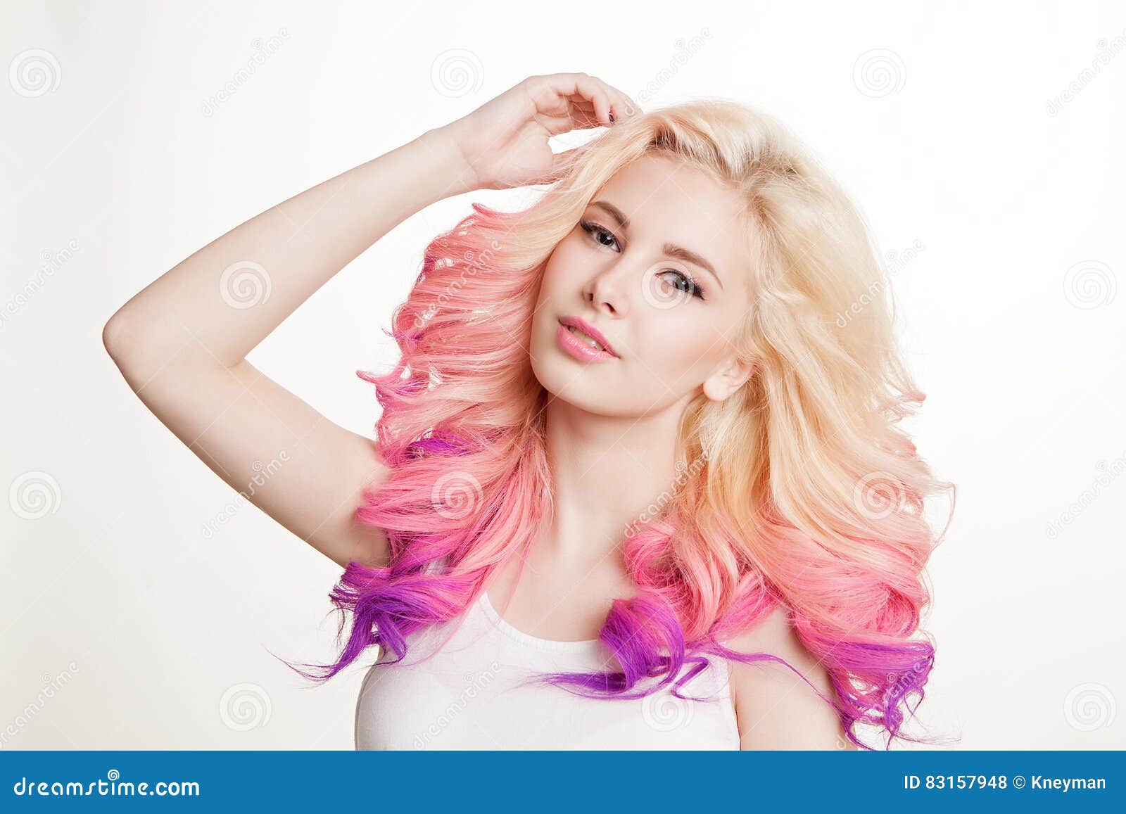 Youth Women With Colored Curly Hair On The White Background