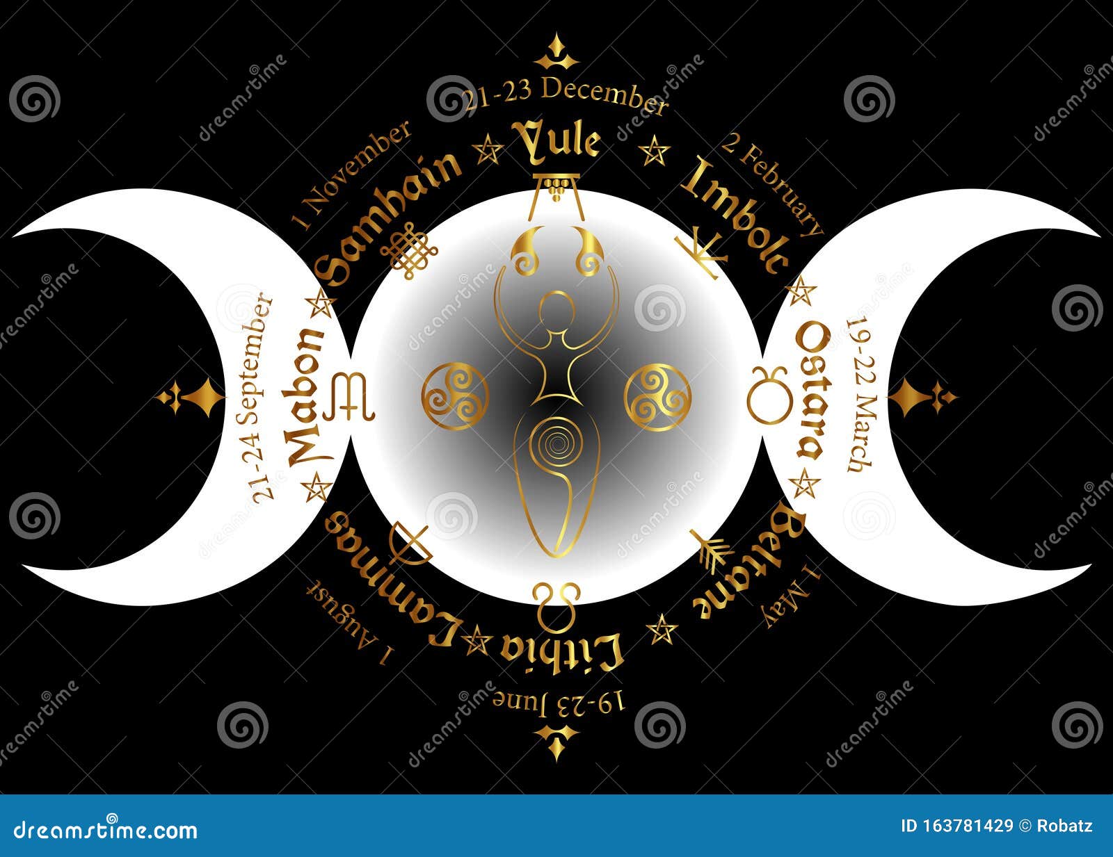 triple moon wicca pagan goddess, wheel of the year is an annual cycle of seasonal festivals. wiccan calendar and holidays. compass
